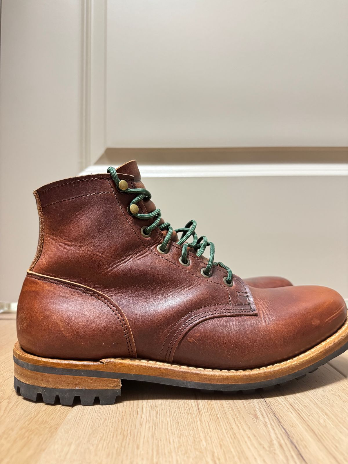 Photo by sjs426 on December 1, 2025 of the Truman Plain Toe Boot in Horween Autumn Cypress.