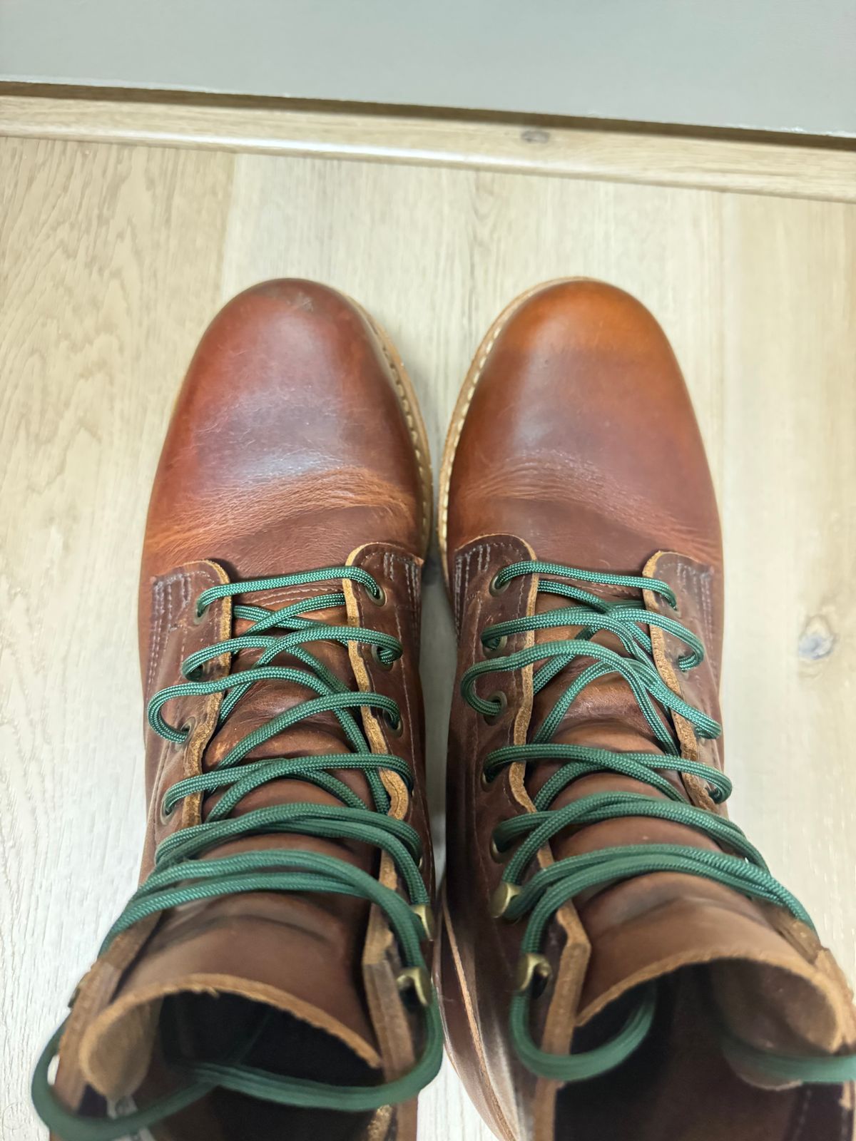 Photo by sjs426 on December 1, 2025 of the Truman Plain Toe Boot in Horween Autumn Cypress.