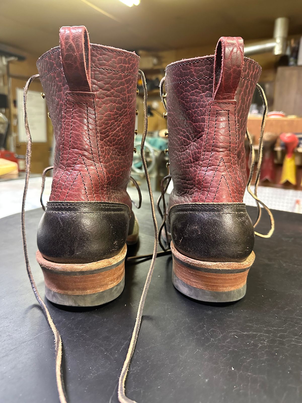 Photo by wintz.boots on November 6, 2025 of the Nicks BuilderPro in Law Tanning Oxblood Smooth Shruken Bison & Horween Brown Waxed Flesh.