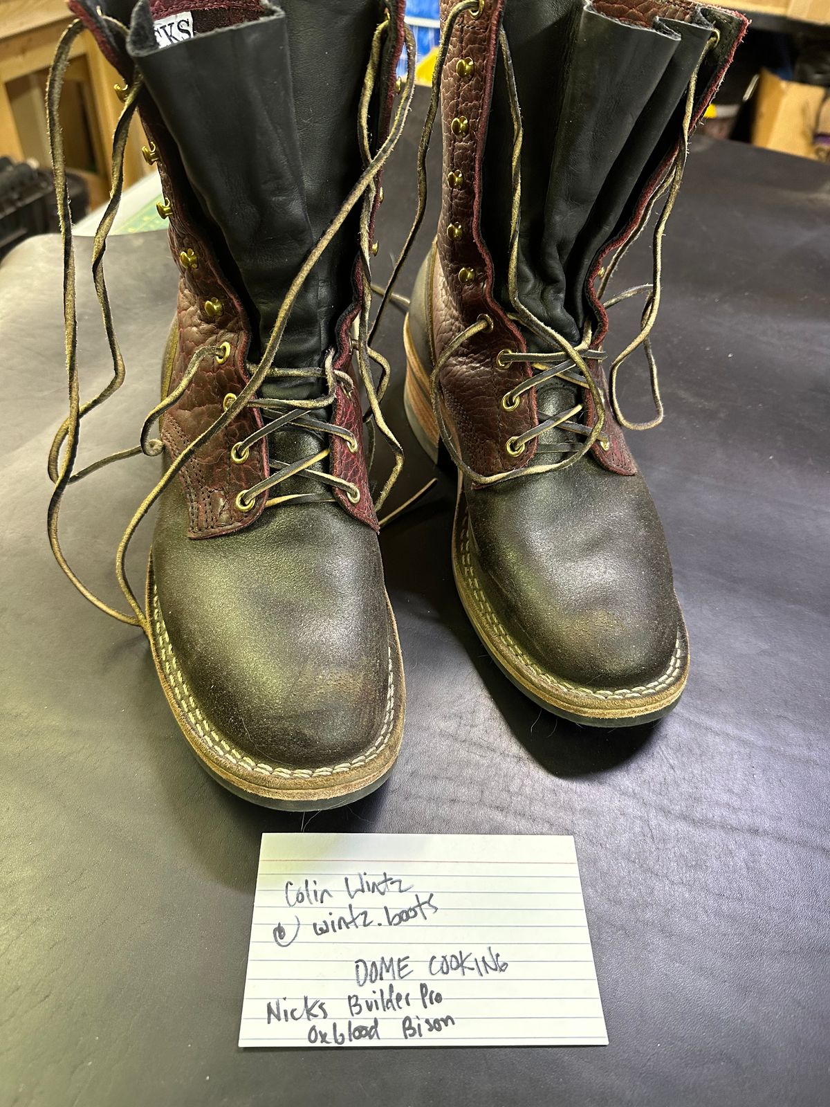 Photo by wintz.boots on November 6, 2025 of the Nicks BuilderPro in Law Tanning Oxblood Smooth Shruken Bison & Horween Brown Waxed Flesh.