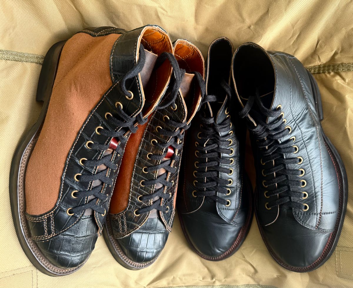 Photo by maxdam91 on June 21, 2026 of the Self-Made Monkey Boot LTT in Kangaroo Leather Black & Corcodile Hand Dye & Heavy Canvas 16oz.
