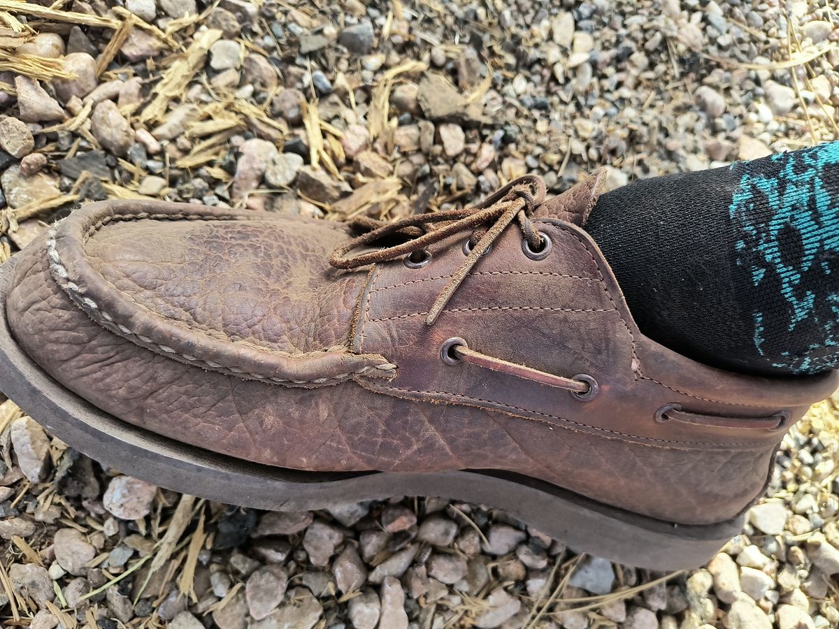 Photo by ArchieGoodyear on September 28, 2024 of the Russell Moccasin Co. Unknown Model in Law Tanning Cognac Big Horn Shrunken Bison.