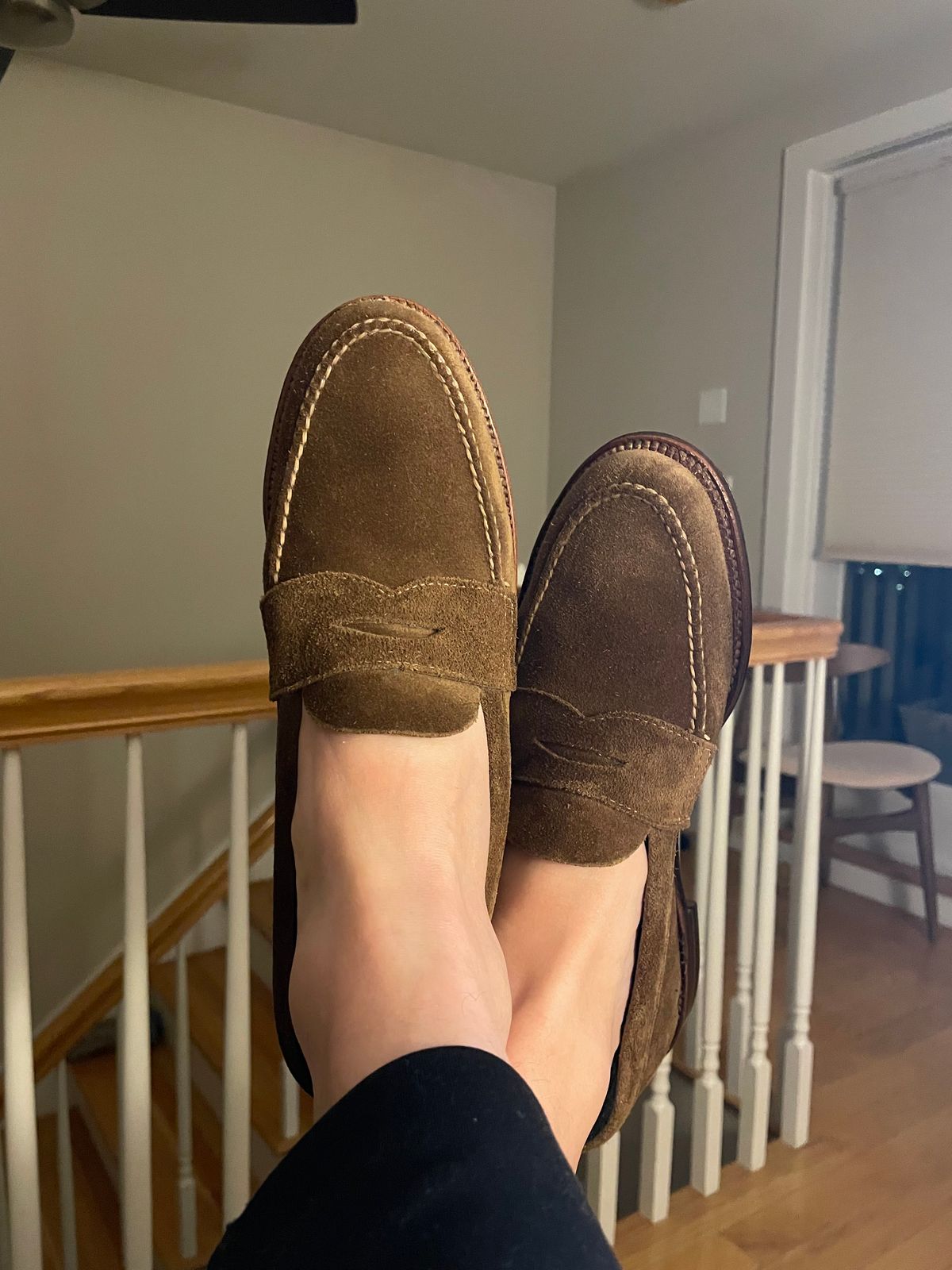 Photo by shoe_enjoy_myself on June 17, 2025 of the Alden Leisure Handsewn Penny Loafer in Snuff Suede.
