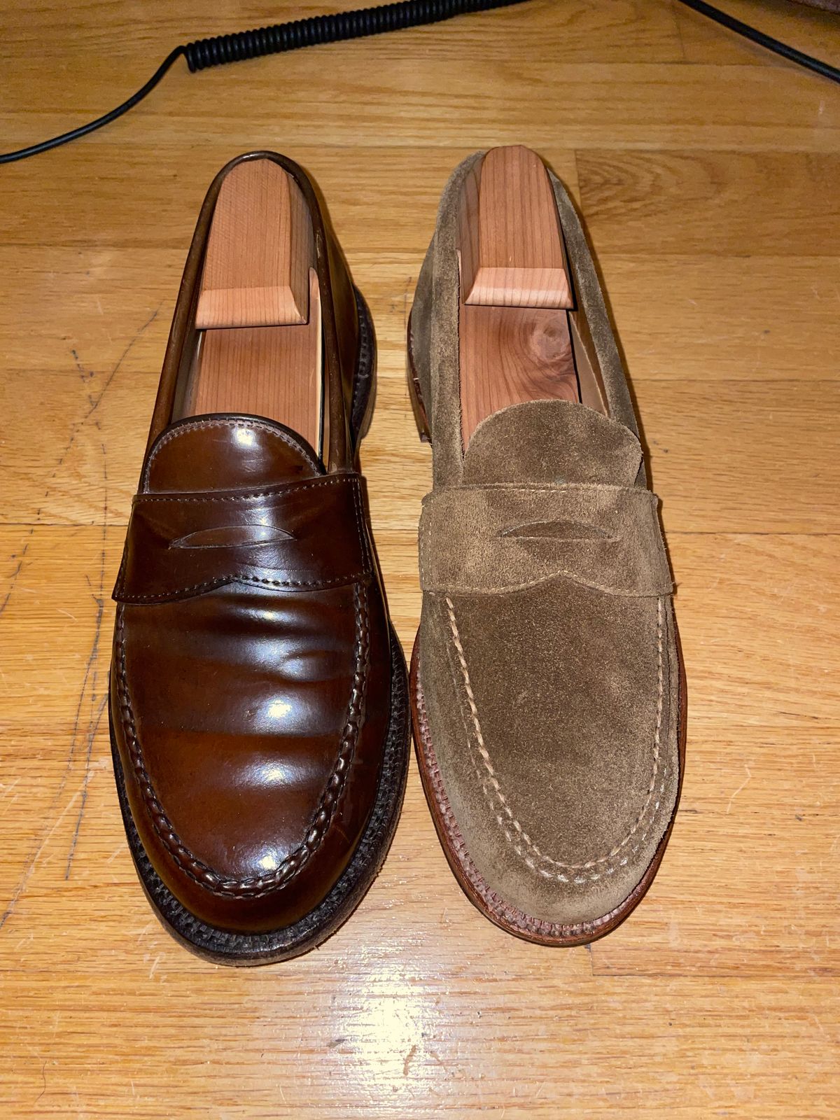 Photo by shoe_enjoy_myself on June 16, 2025 of the Alden Leisure Handsewn Penny Loafer in Snuff Suede.