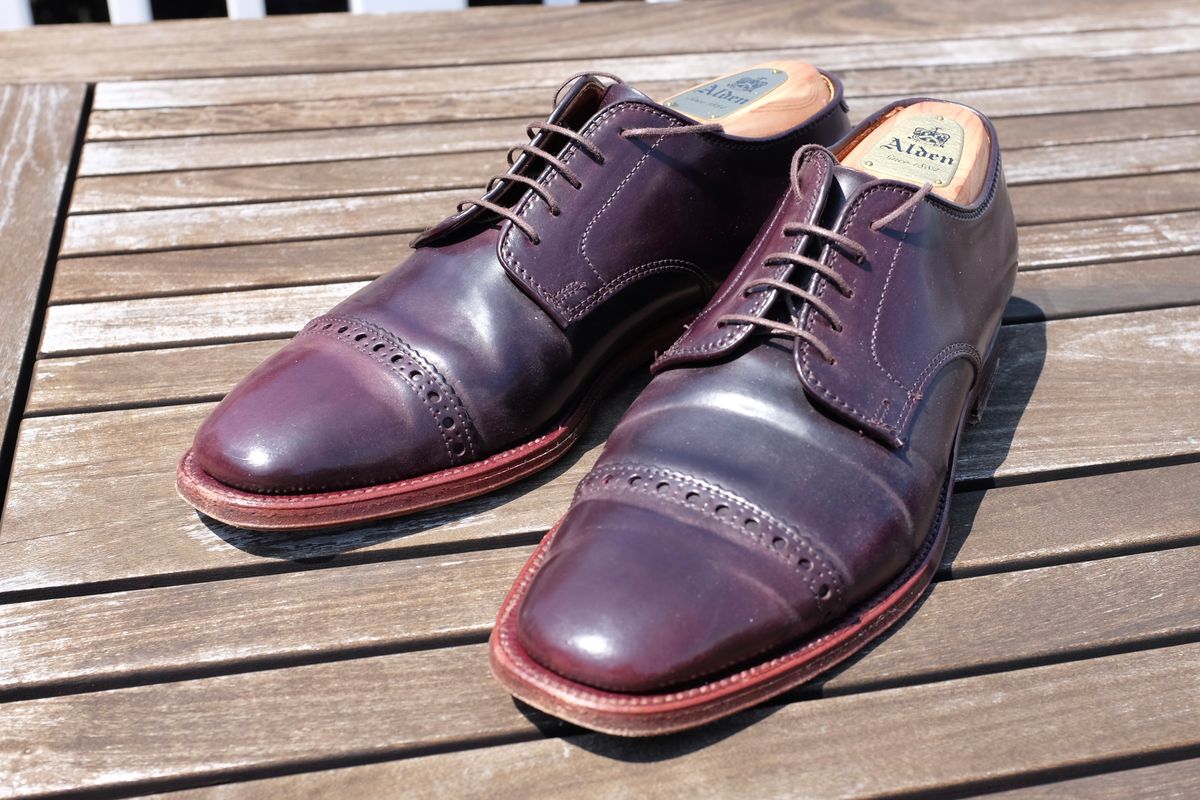 Photo by shoe_enjoy_myself on July 28, 2025 of the Alden Director Unlined Perforated Tip Derby in Horween Color 8 Shell Cordovan.