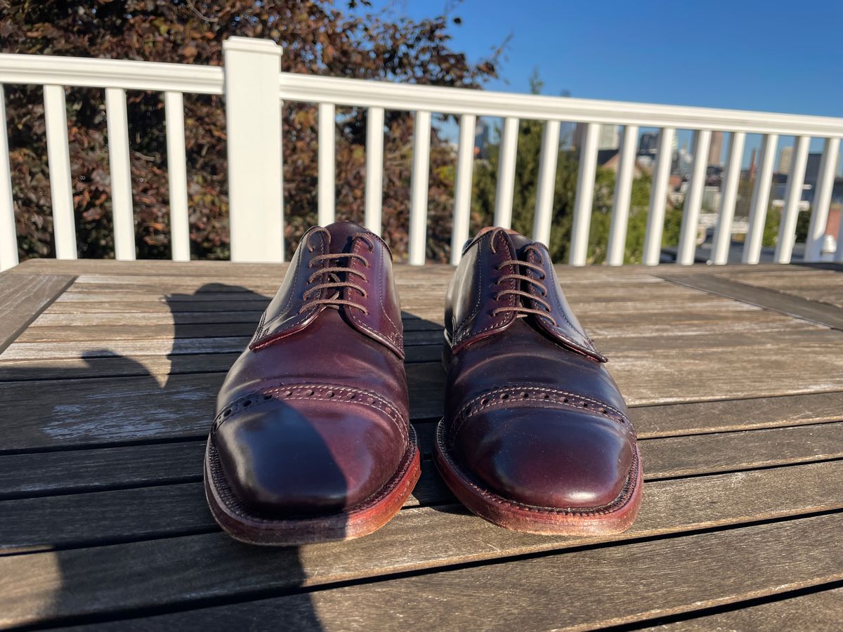Photo by shoe_enjoy_myself on October 2, 2025 of the Alden Director Unlined Perforated Tip Derby in Horween Color 8 Shell Cordovan.