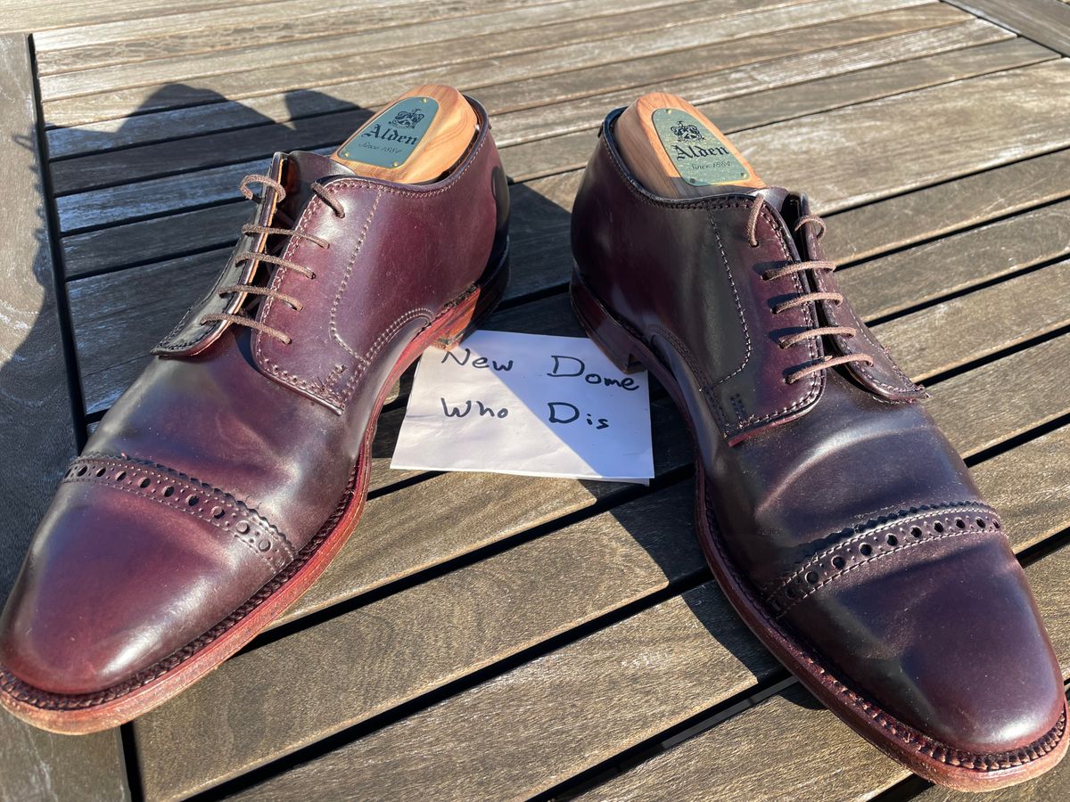 Photo by shoe_enjoy_myself on October 2, 2025 of the Alden Director Unlined Perforated Tip Derby in Horween Color 8 Shell Cordovan.