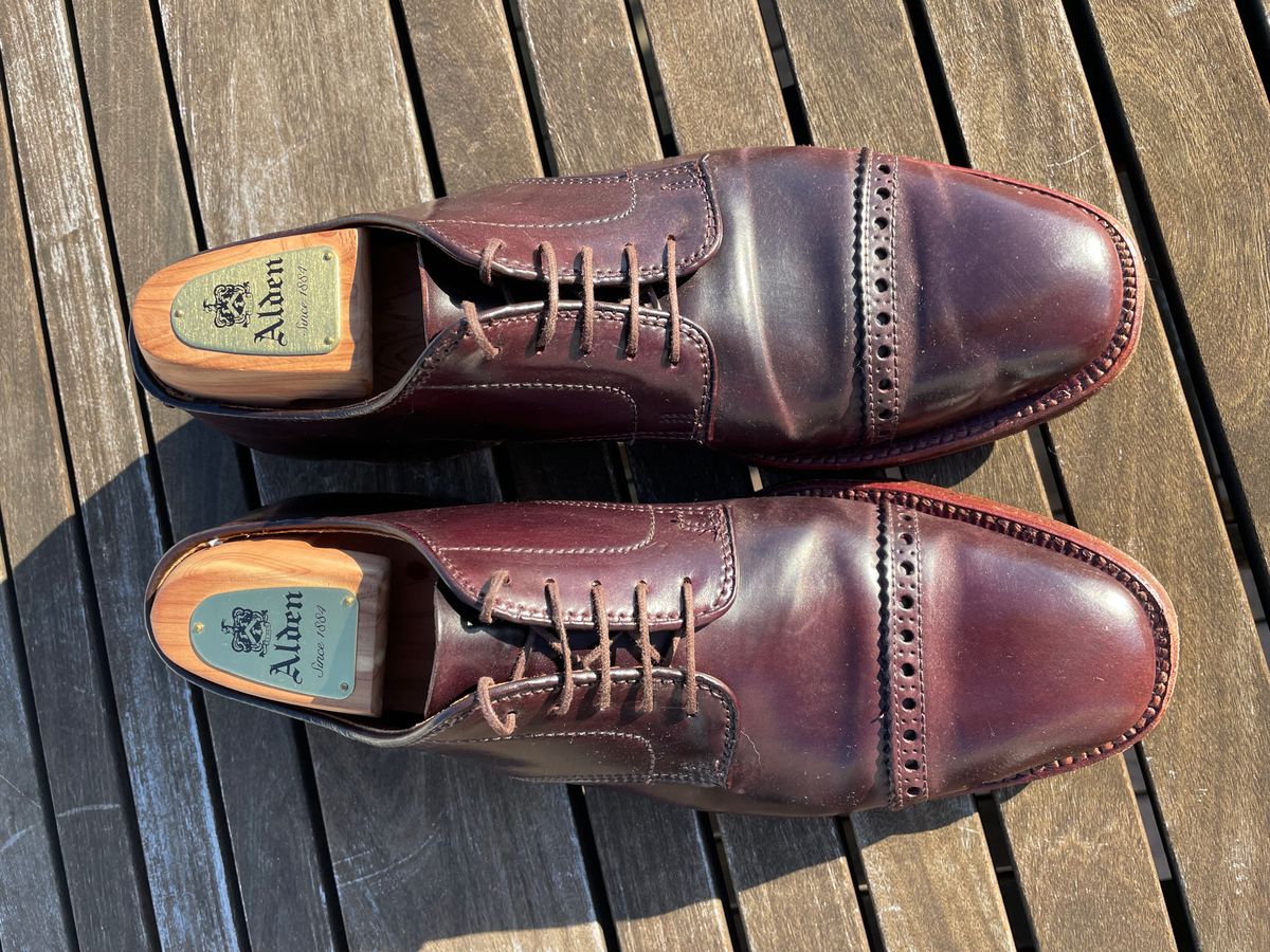 Photo by shoe_enjoy_myself on October 2, 2025 of the Alden Director Unlined Perforated Tip Derby in Horween Color 8 Shell Cordovan.