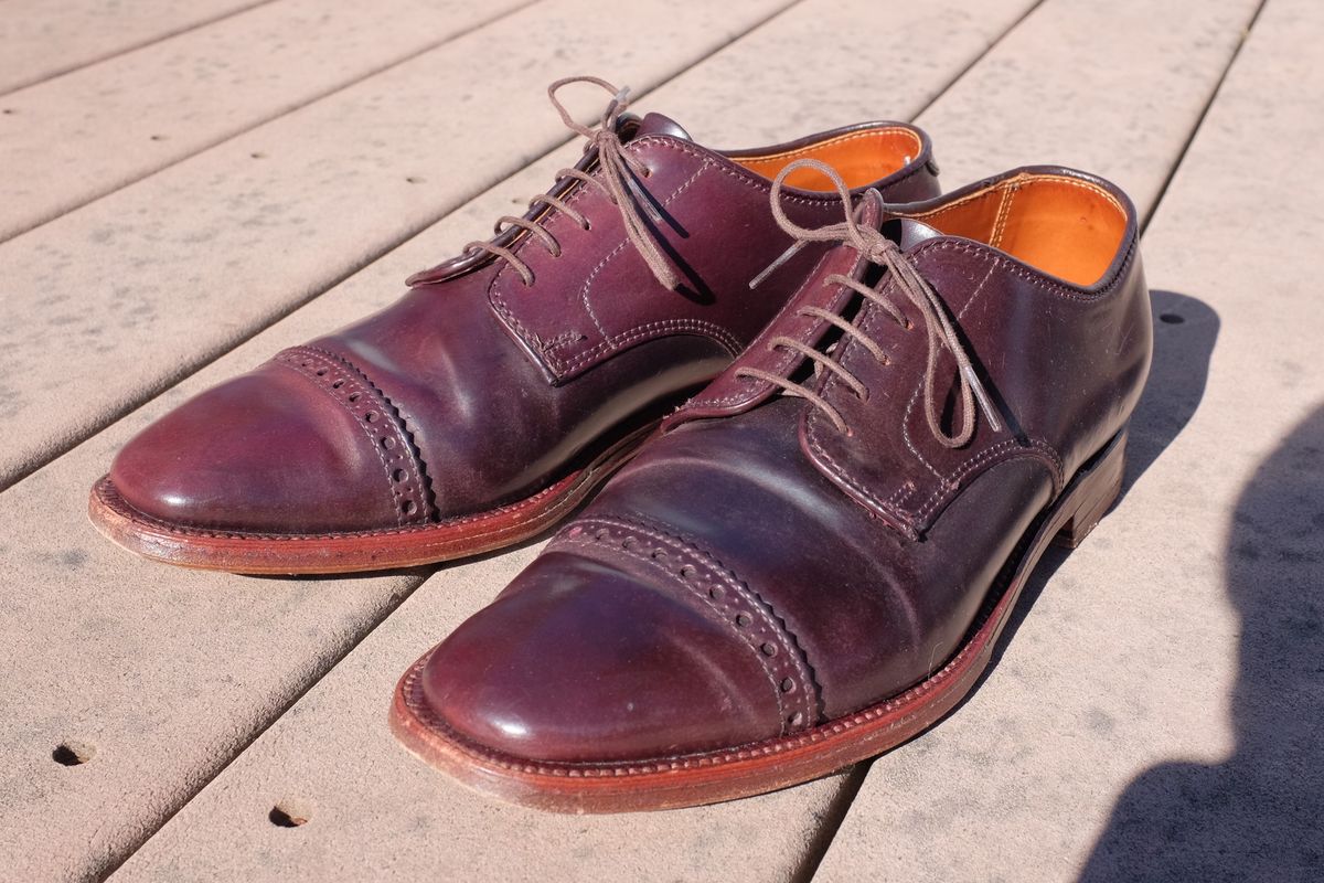 Photo by shoe_enjoy_myself on October 16, 2025 of the Alden Director Unlined Perforated Tip Derby in Horween Color 8 Shell Cordovan.