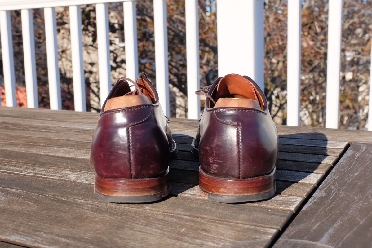 Photo by shoe_enjoy_myself on November 2, 2025 of the Alden Director Unlined Perforated Tip Derby in Horween Color 8 Shell Cordovan.