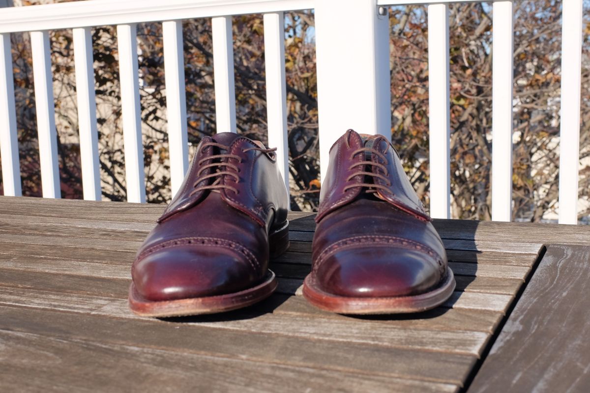 Photo by shoe_enjoy_myself on November 2, 2025 of the Alden Director Unlined Perforated Tip Derby in Horween Color 8 Shell Cordovan.