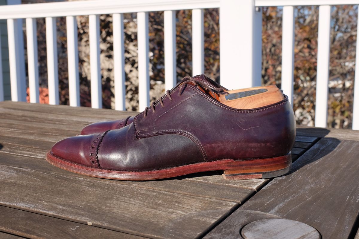 Photo by shoe_enjoy_myself on November 2, 2025 of the Alden Director Unlined Perforated Tip Derby in Horween Color 8 Shell Cordovan.