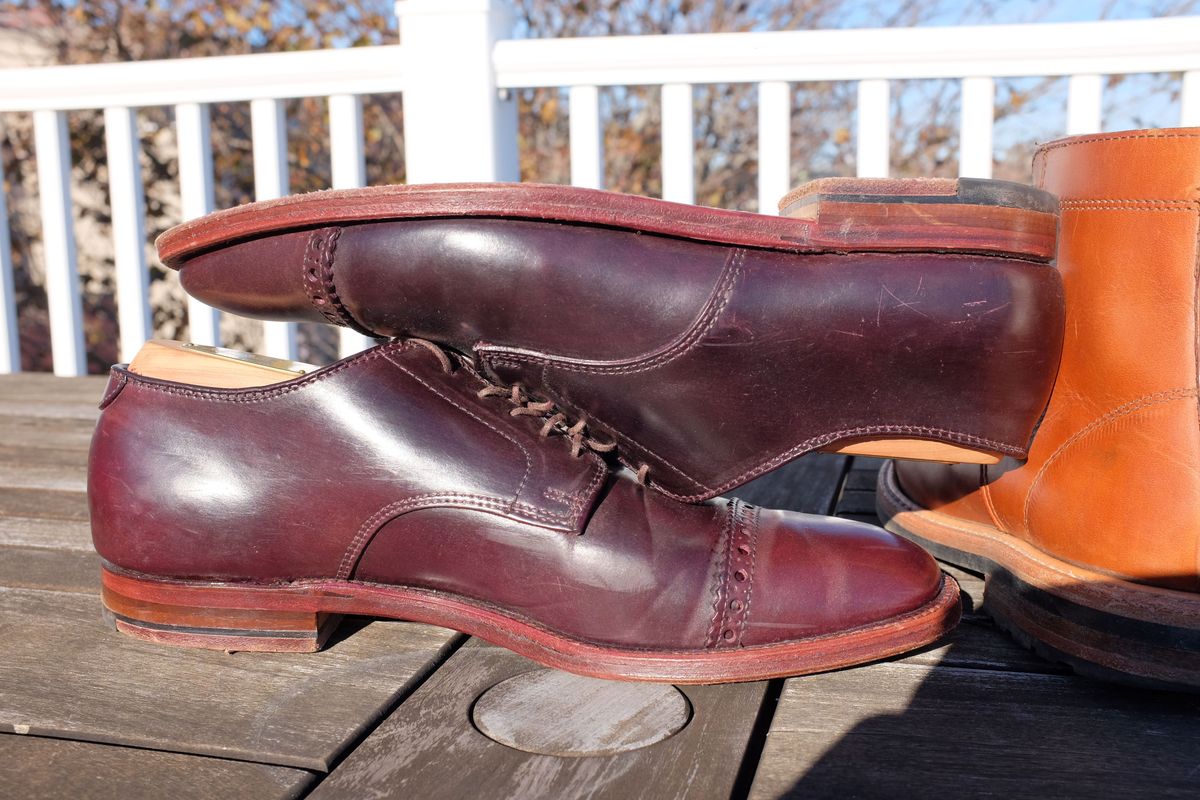 Photo by shoe_enjoy_myself on November 2, 2025 of the Alden Director Unlined Perforated Tip Derby in Horween Color 8 Shell Cordovan.