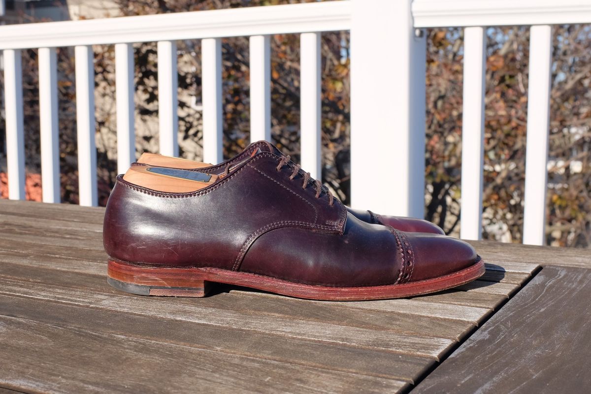 Photo by shoe_enjoy_myself on November 2, 2025 of the Alden Director Unlined Perforated Tip Derby in Horween Color 8 Shell Cordovan.