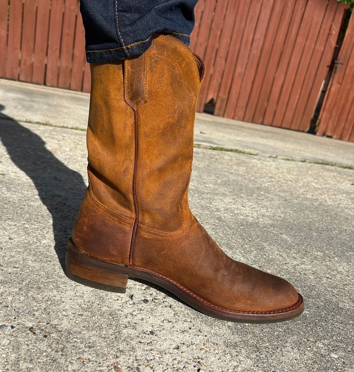 Photo by lost_doublestuffed on April 9, 2026 of the Rios of Mercedes Roper in C.F. Stead Wheatbuck Waxy Commander Suede.