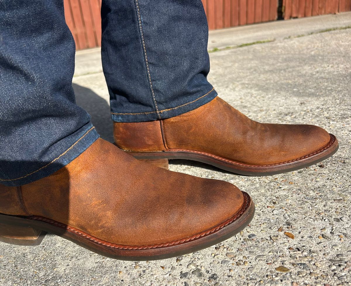 Photo by lost_doublestuffed on April 9, 2026 of the Rios of Mercedes Roper in C.F. Stead Wheatbuck Waxy Commander Suede.