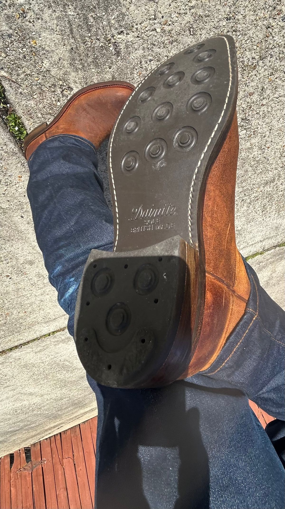 Photo by lost_doublestuffed on April 9, 2026 of the Rios of Mercedes Roper in C.F. Stead Wheatbuck Waxy Commander Suede.