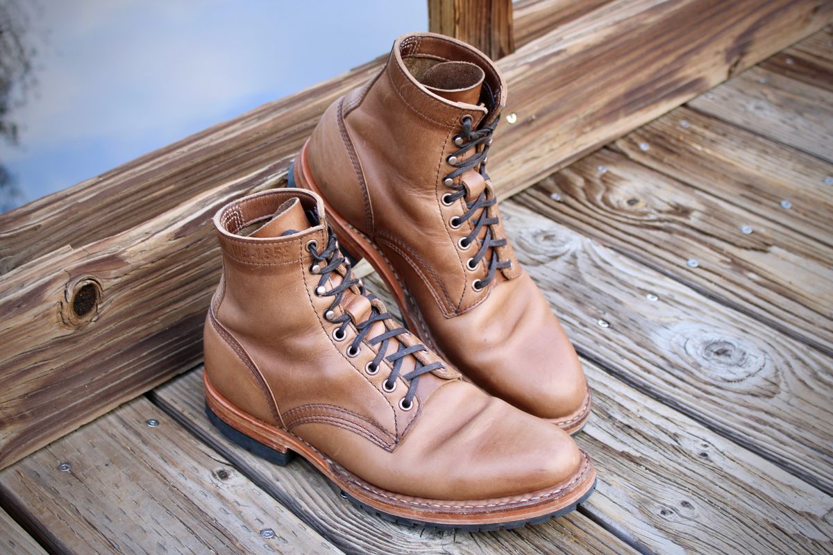 Photo by ER_Stitcher on April 2, 2026 of the White's MP-Sherman Plain Toe in Horween Natural Chromexcel.
