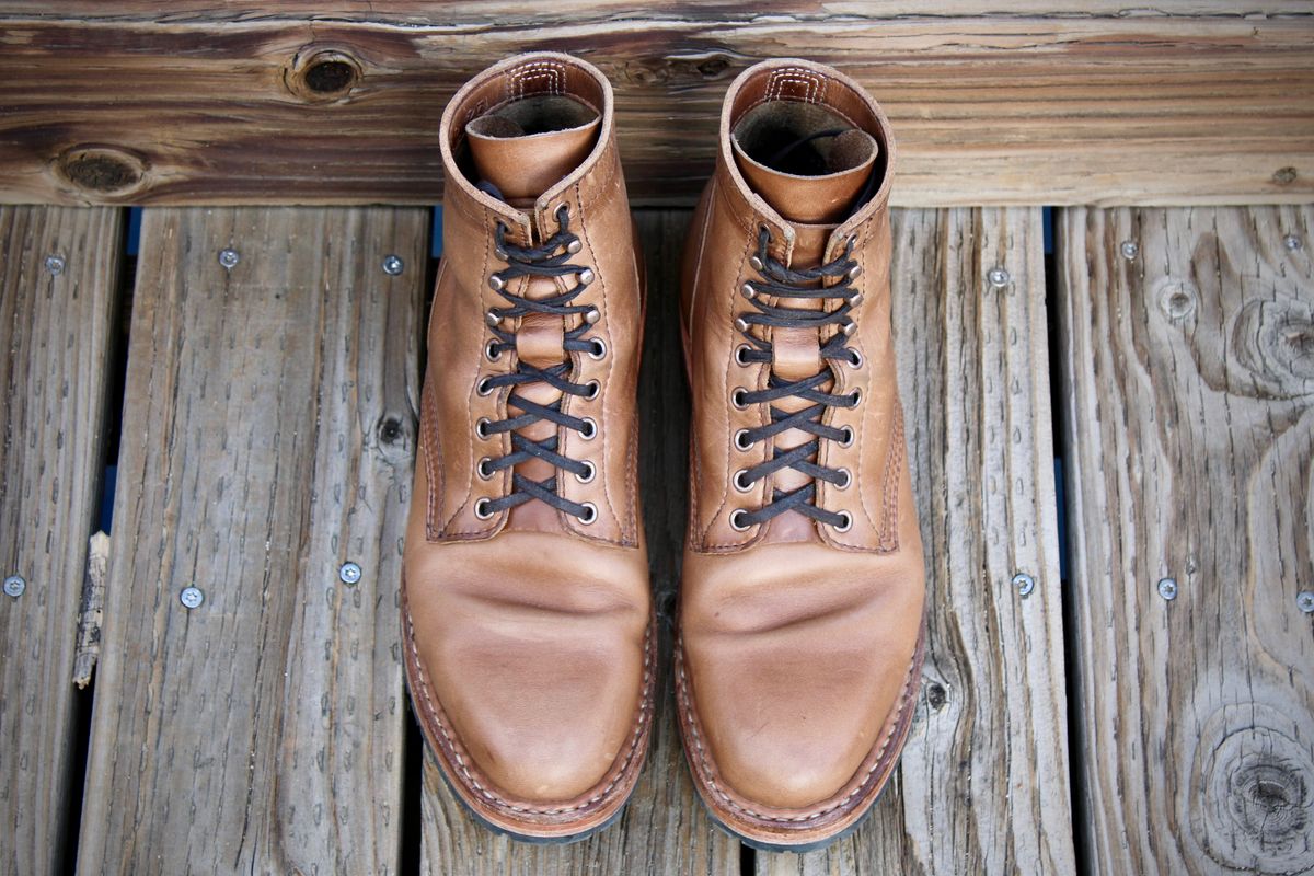 Photo by ER_Stitcher on April 2, 2026 of the White's MP-Sherman Plain Toe in Horween Natural Chromexcel.