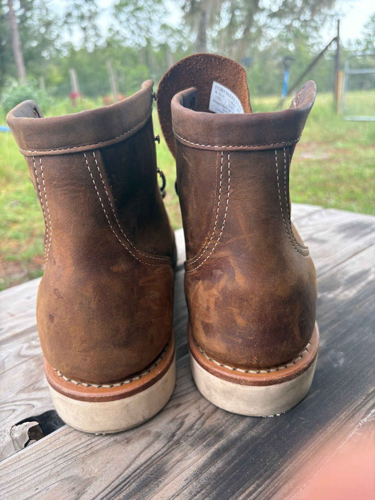 Photo by MuttBarker on October 5, 2025 of the White's Foreman Lace to Toe in Brown Distress.