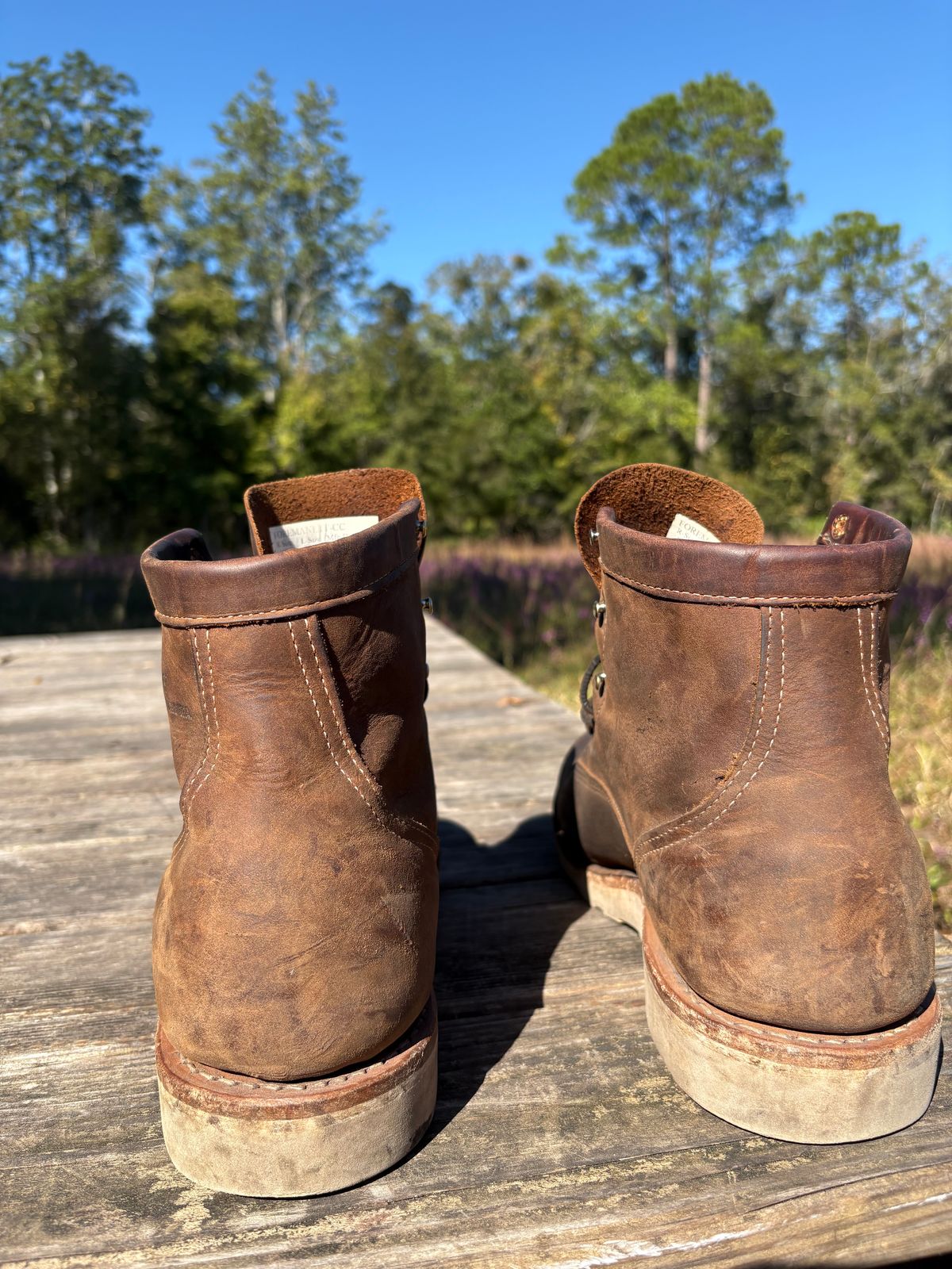 Photo by MuttBarker on November 5, 2025 of the White's Foreman Lace to Toe in Brown Distress.