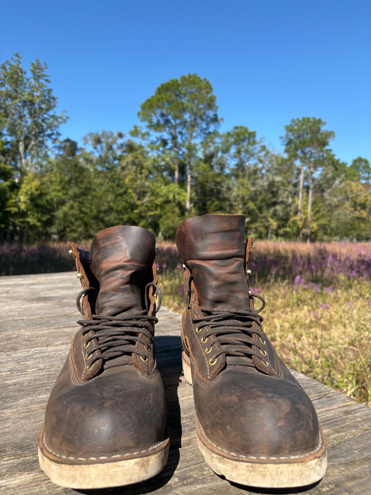 Photo by MuttBarker on November 5, 2025 of the White's Foreman Lace to Toe in Brown Distress.