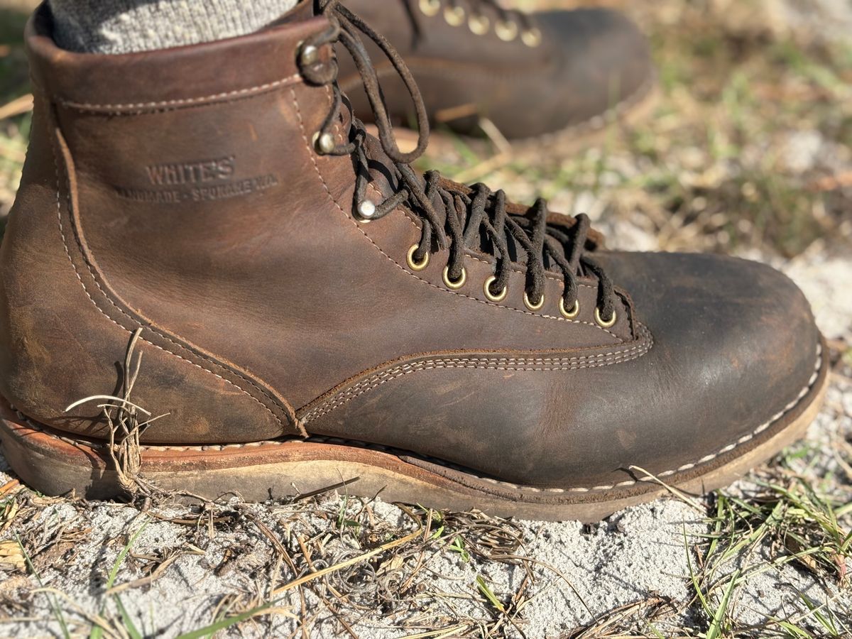 Photo by MuttBarker on December 3, 2025 of the White's Foreman Lace to Toe in Brown Distress.
