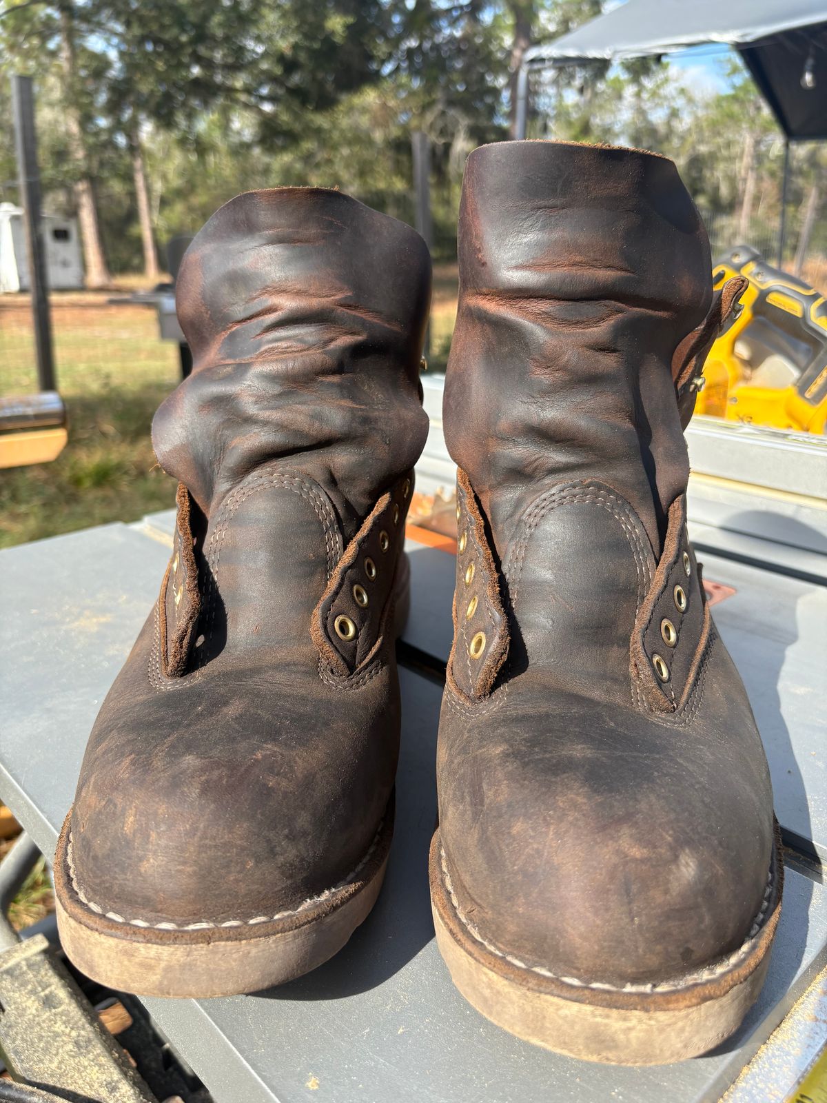 Photo by MuttBarker on December 3, 2025 of the White's Foreman Lace to Toe in Brown Distress.