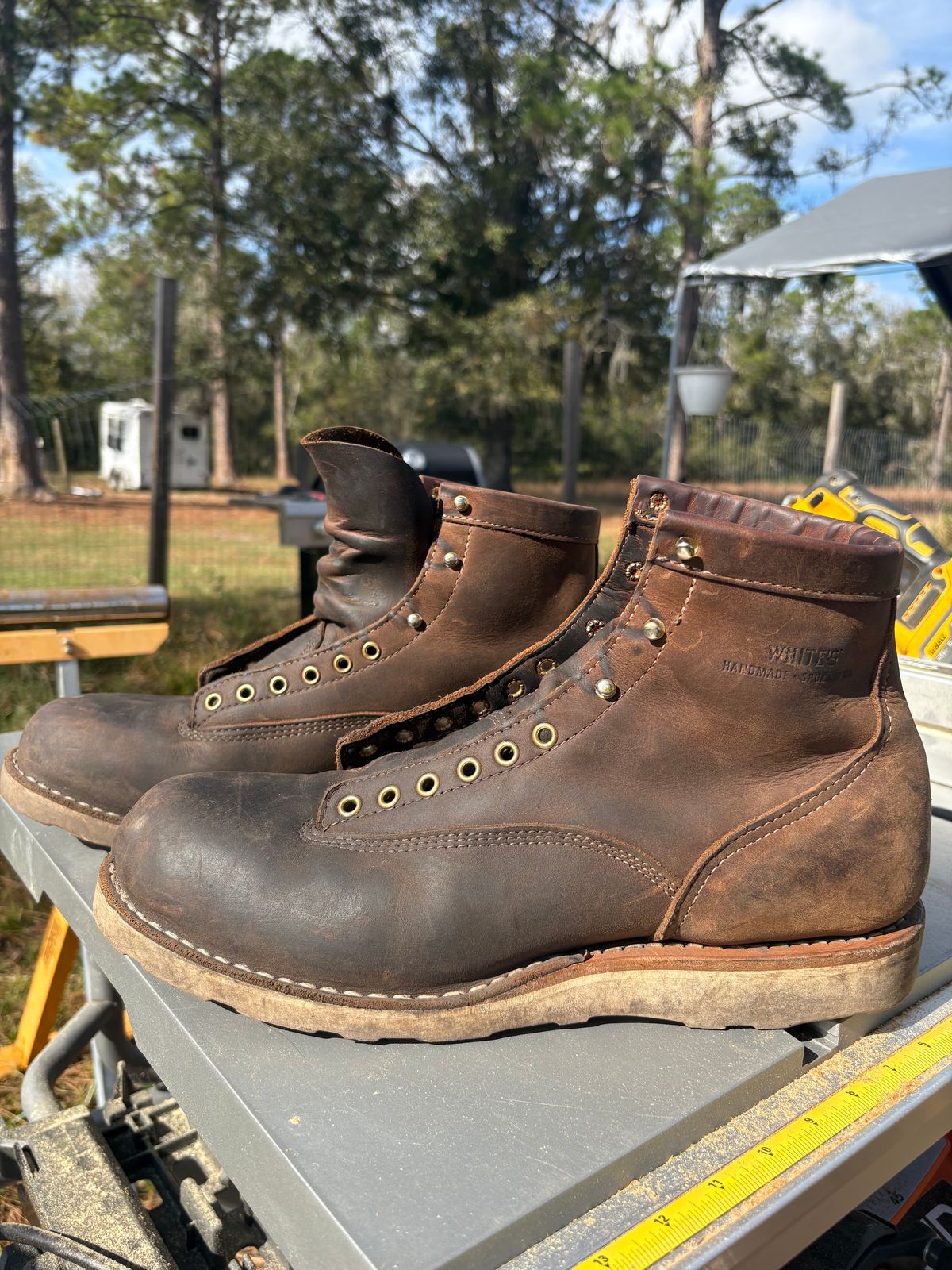 Photo by MuttBarker on December 3, 2025 of the White's Foreman Lace to Toe in Brown Distress.