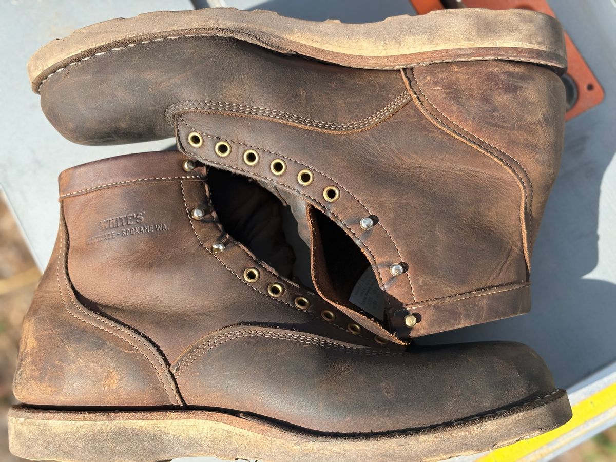 Photo by MuttBarker on December 3, 2025 of the White's Foreman Lace to Toe in Brown Distress.