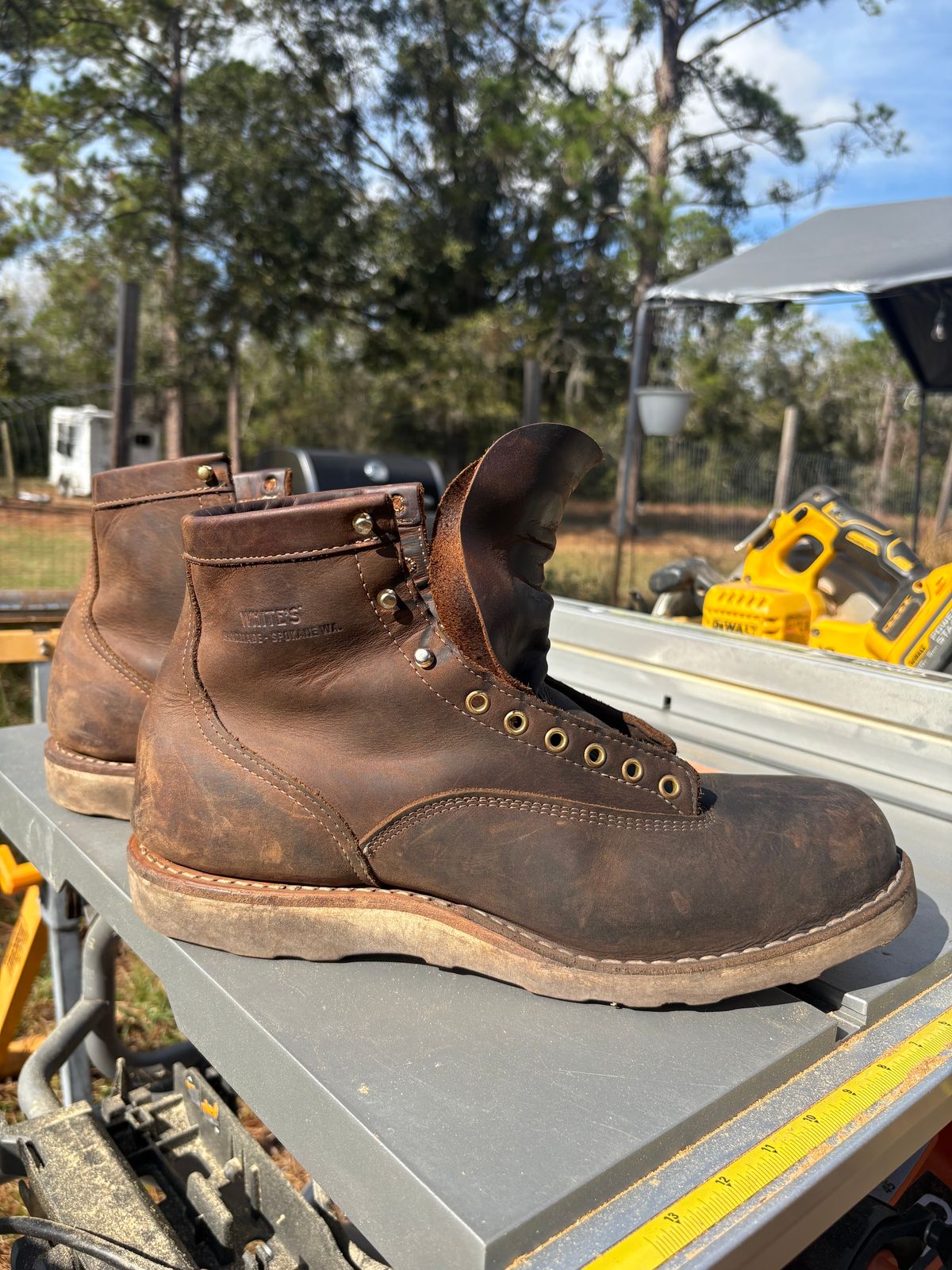 Photo by MuttBarker on December 3, 2025 of the White's Foreman Lace to Toe in Brown Distress.