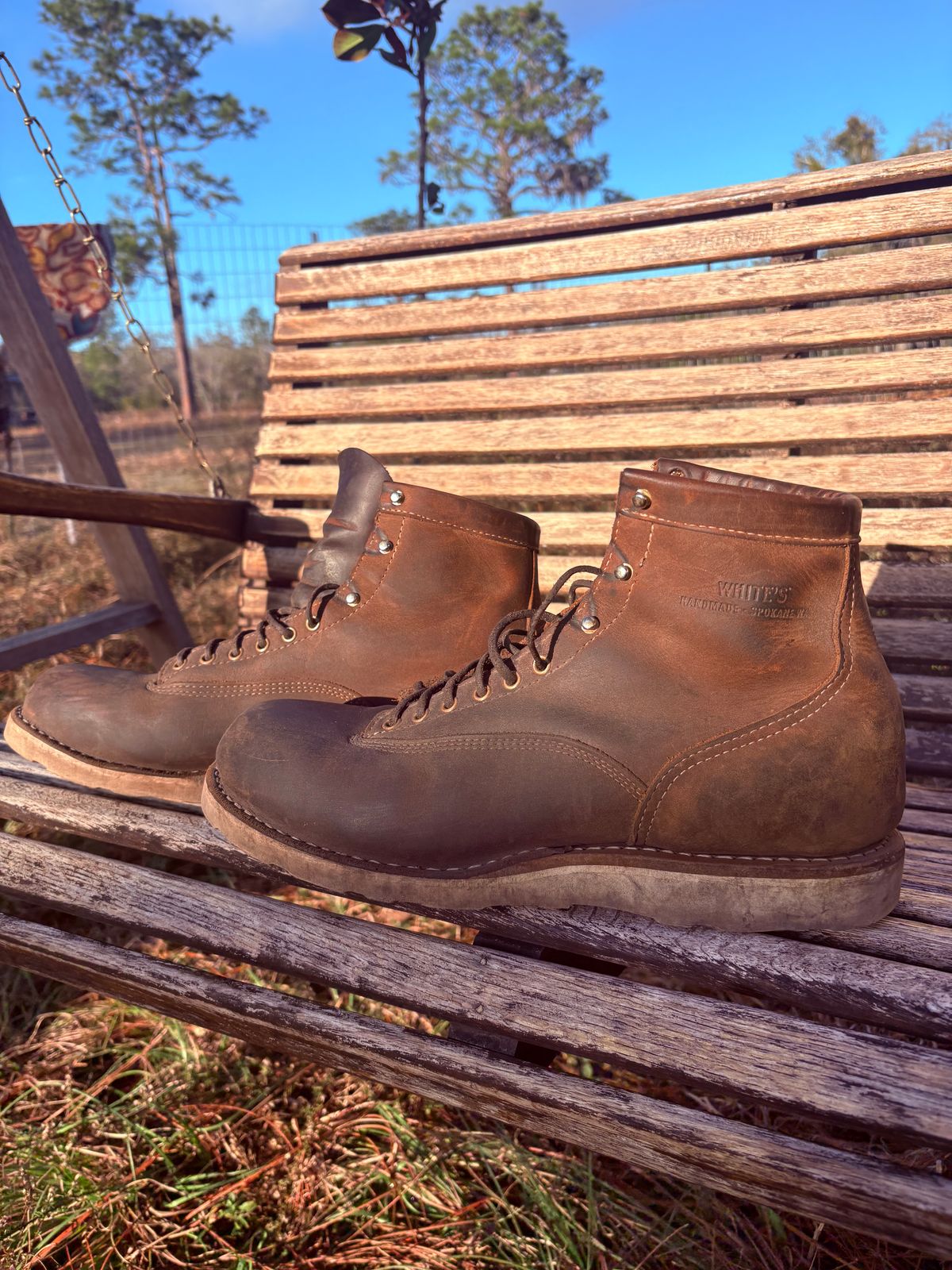 Photo by MuttBarker on January 4, 2026 of the White's Foreman Lace to Toe in Brown Distress.