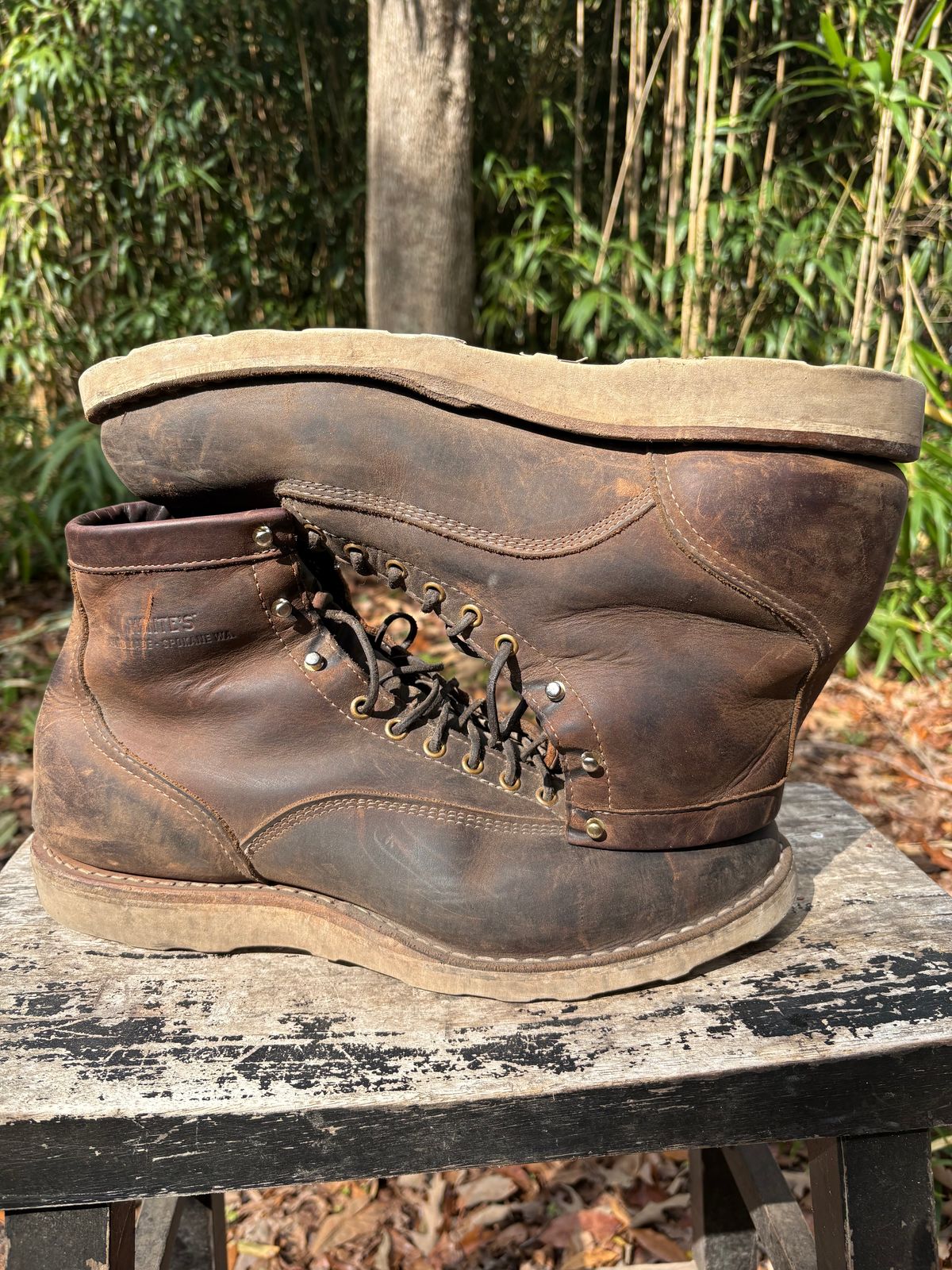 Photo by MuttBarker on February 5, 2026 of the White's Foreman Lace to Toe in Brown Distress.