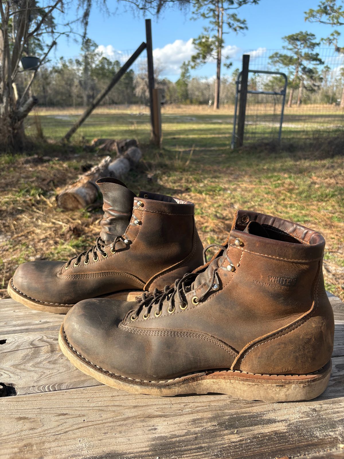 Photo by MuttBarker on March 4, 2026 of the White's Foreman Lace to Toe in Brown Distress.