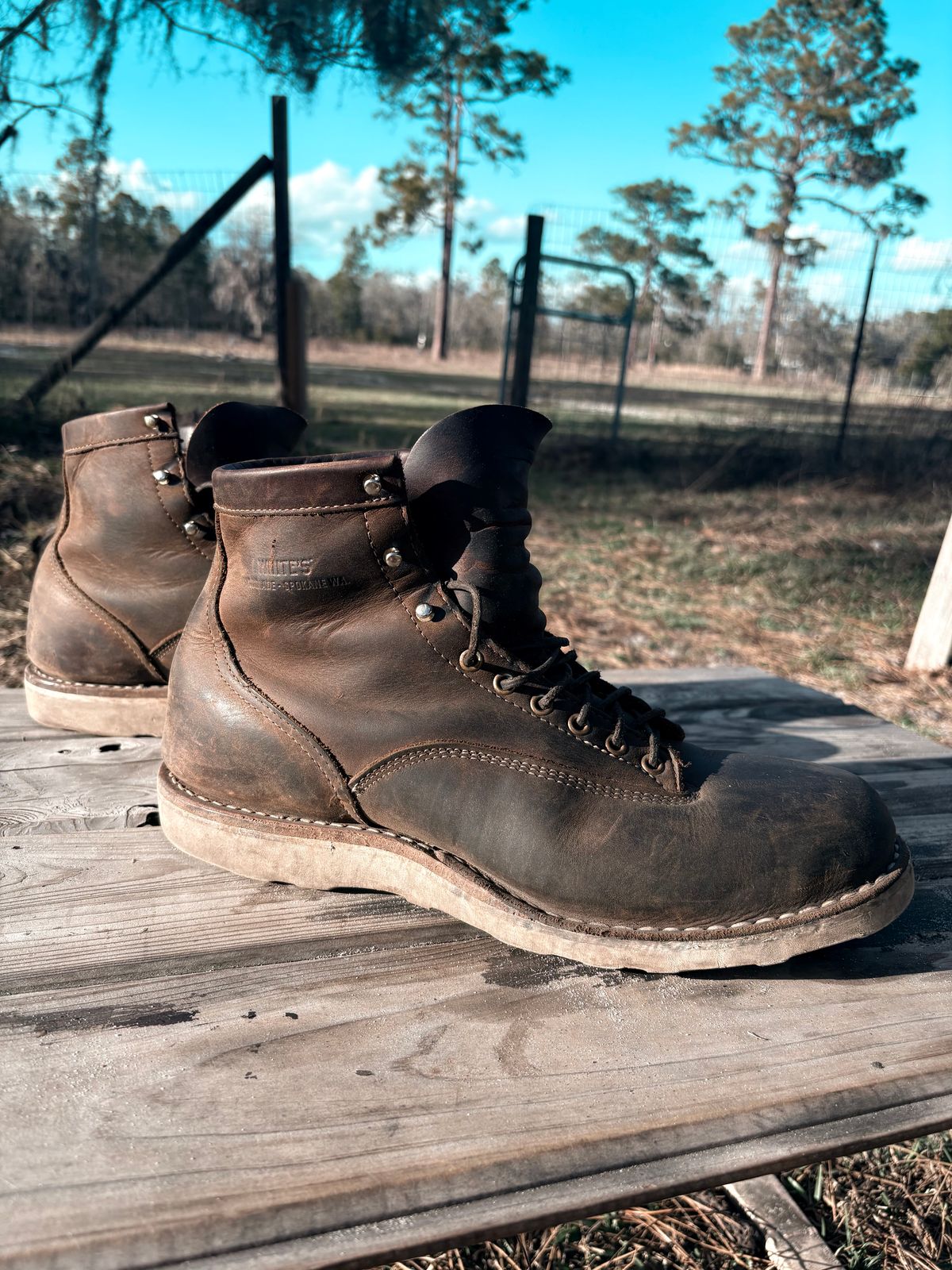 Photo by MuttBarker on March 4, 2026 of the White's Foreman Lace to Toe in Brown Distress.