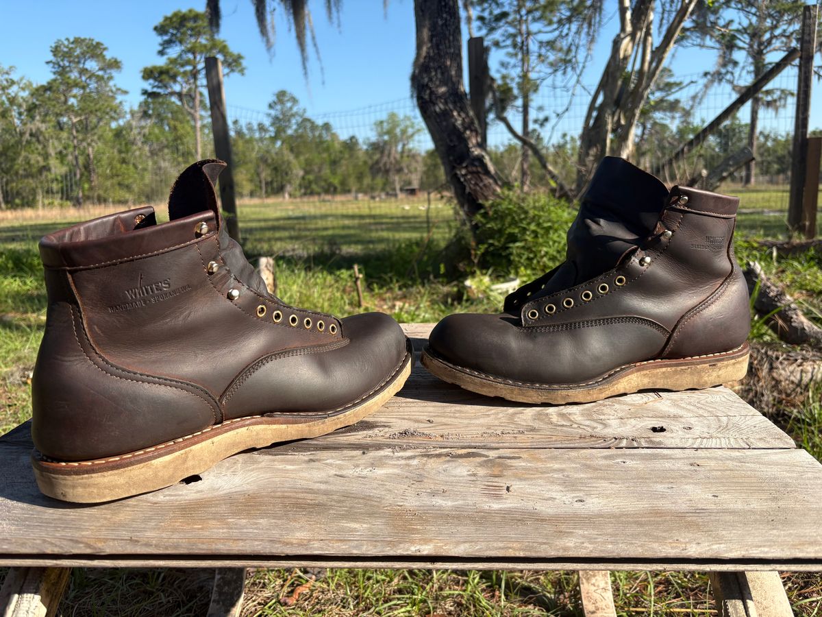 Photo by MuttBarker on March 27, 2026 of the White's Foreman Lace to Toe in Brown Distress.