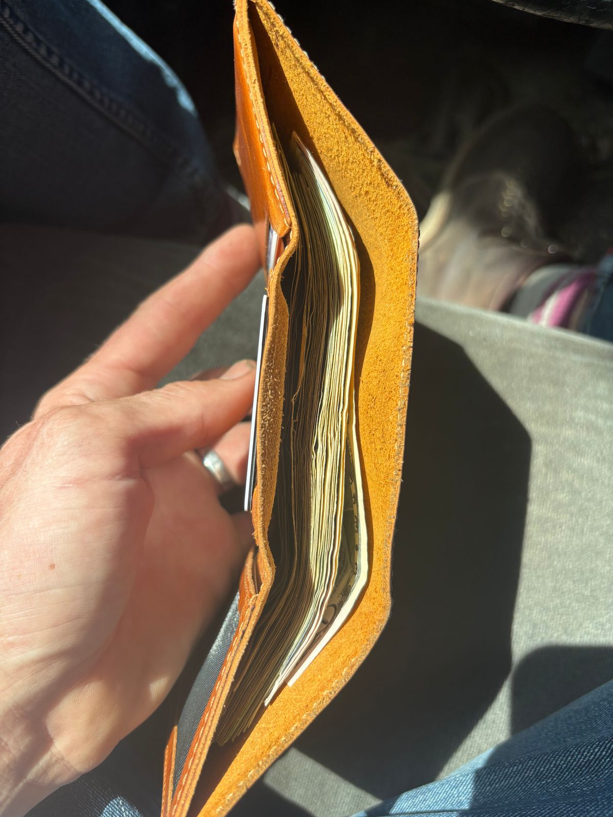 Photo by MuttBarker on March 31, 2026 of the Rodos Leather Crafts Camel Full Grain Leather Trifold Wallet in Tochigi Oil Vachetta #1 Light Brown.