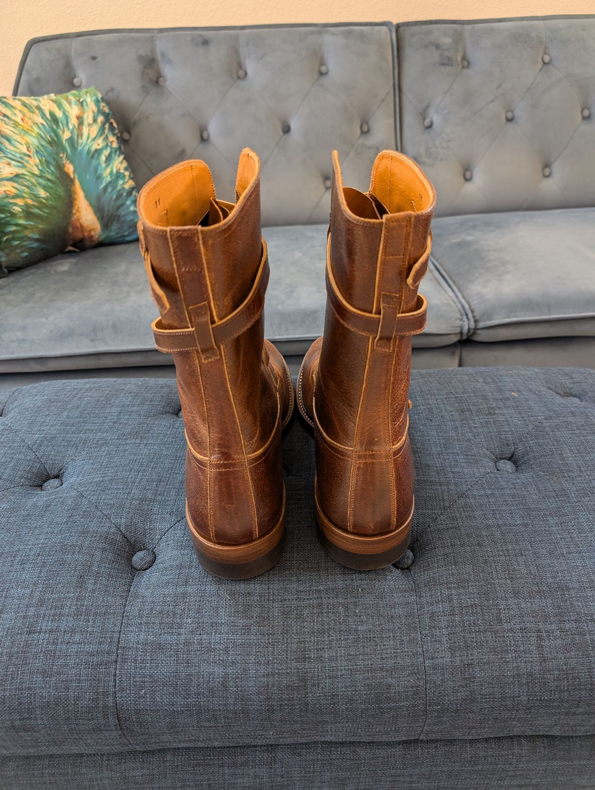 Photo by WeibullFighter on October 2, 2024 of the Eastman Leather Tanker Boots in Horween Havana Burnished Roughout.