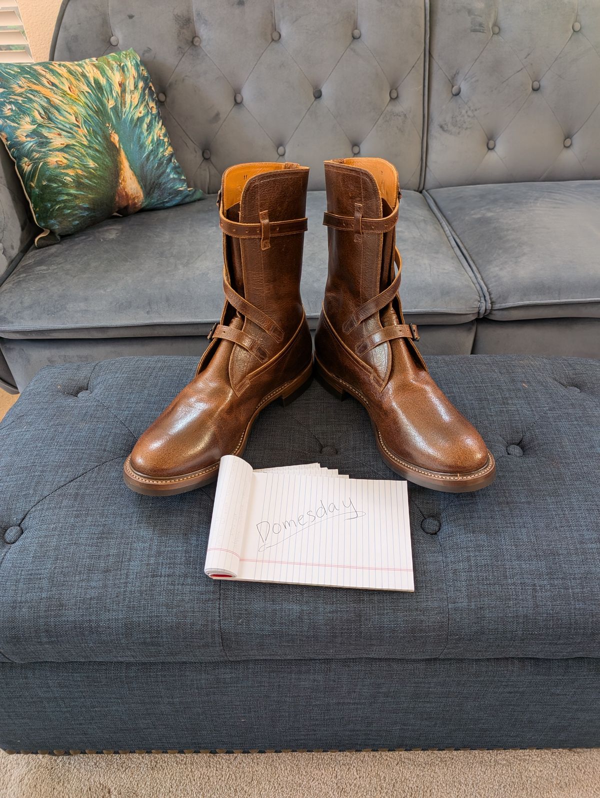Photo by WeibullFighter on October 2, 2024 of the Eastman Leather Tanker Boots in Horween Havana Burnished Roughout.