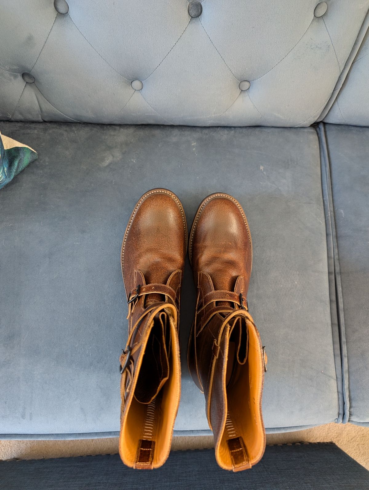 Photo by WeibullFighter on October 2, 2024 of the Eastman Leather Tanker Boots in Horween Havana Burnished Roughout.
