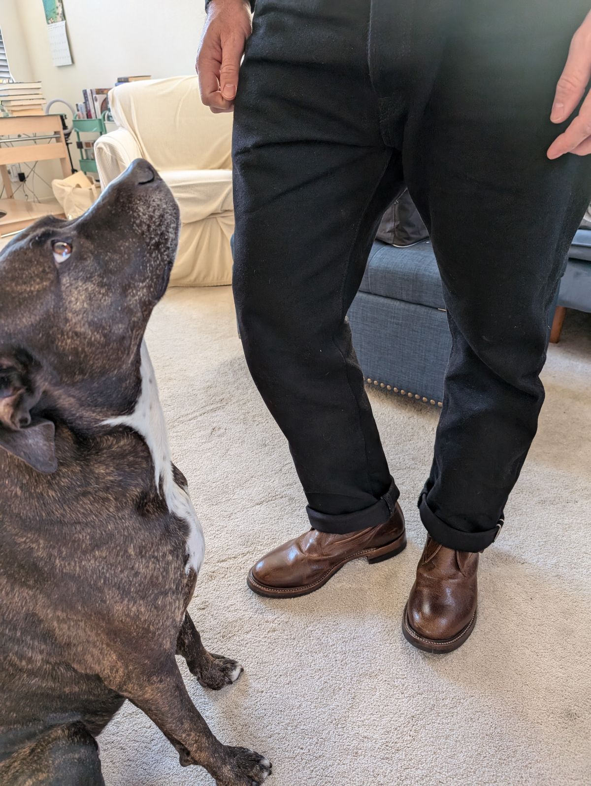 Photo by WeibullFighter on November 5, 2024 of the Eastman Leather Tanker Boots in Horween Havana Burnished Roughout.
