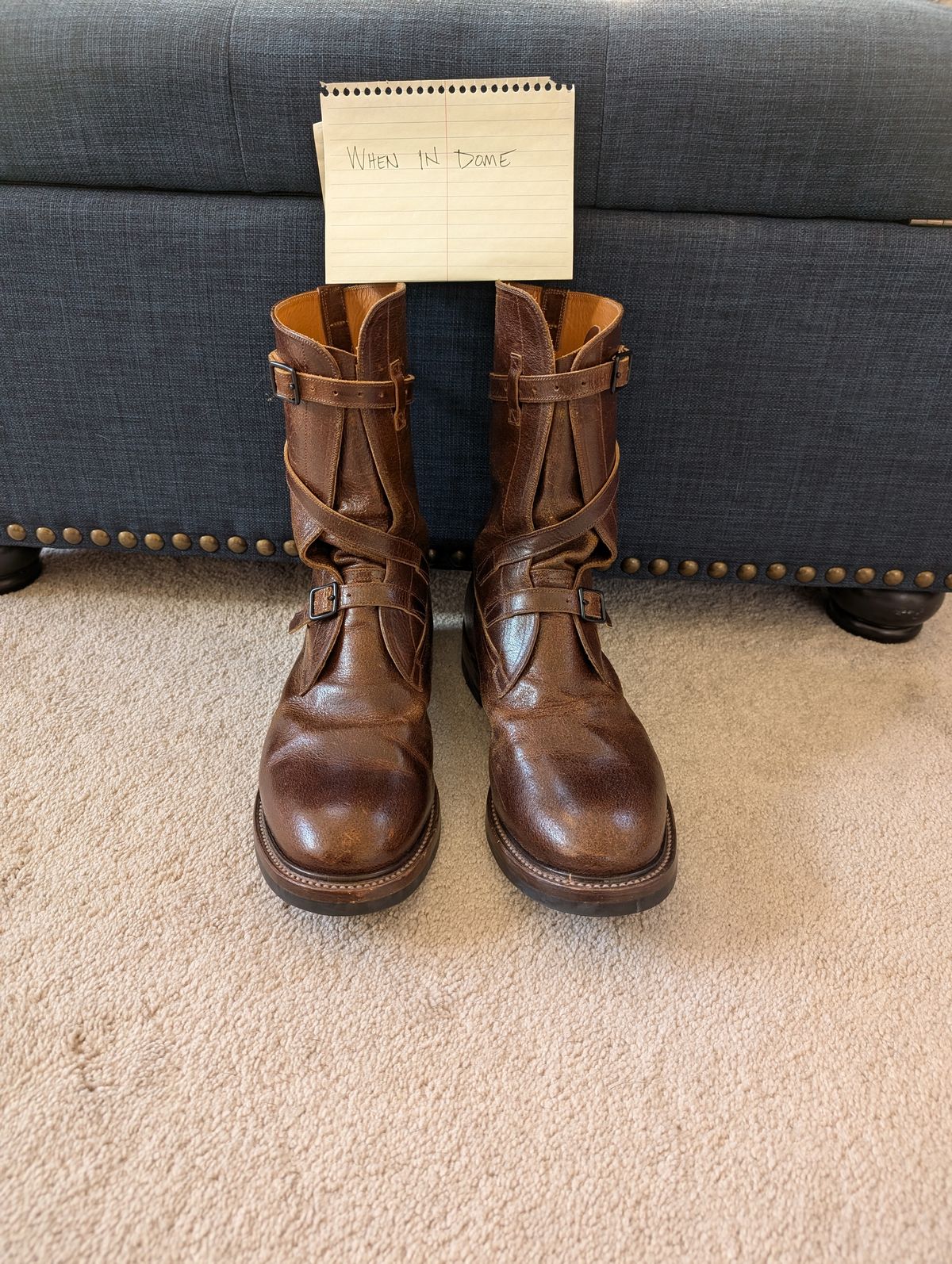 Photo by WeibullFighter on November 5, 2024 of the Eastman Leather Tanker Boots in Horween Havana Burnished Roughout.