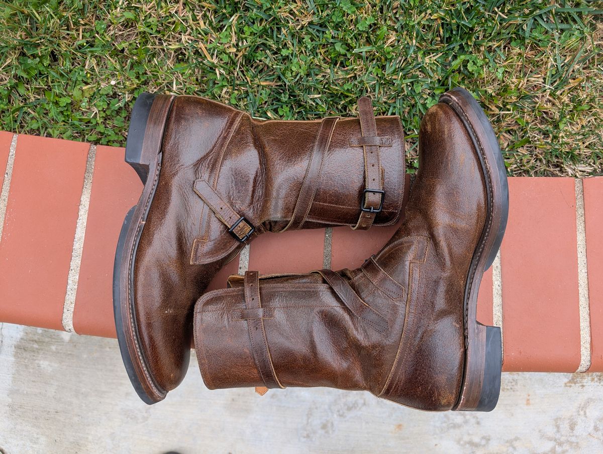 Photo by WeibullFighter on December 4, 2024 of the Eastman Leather Tanker Boots in Horween Havana Burnished Roughout.