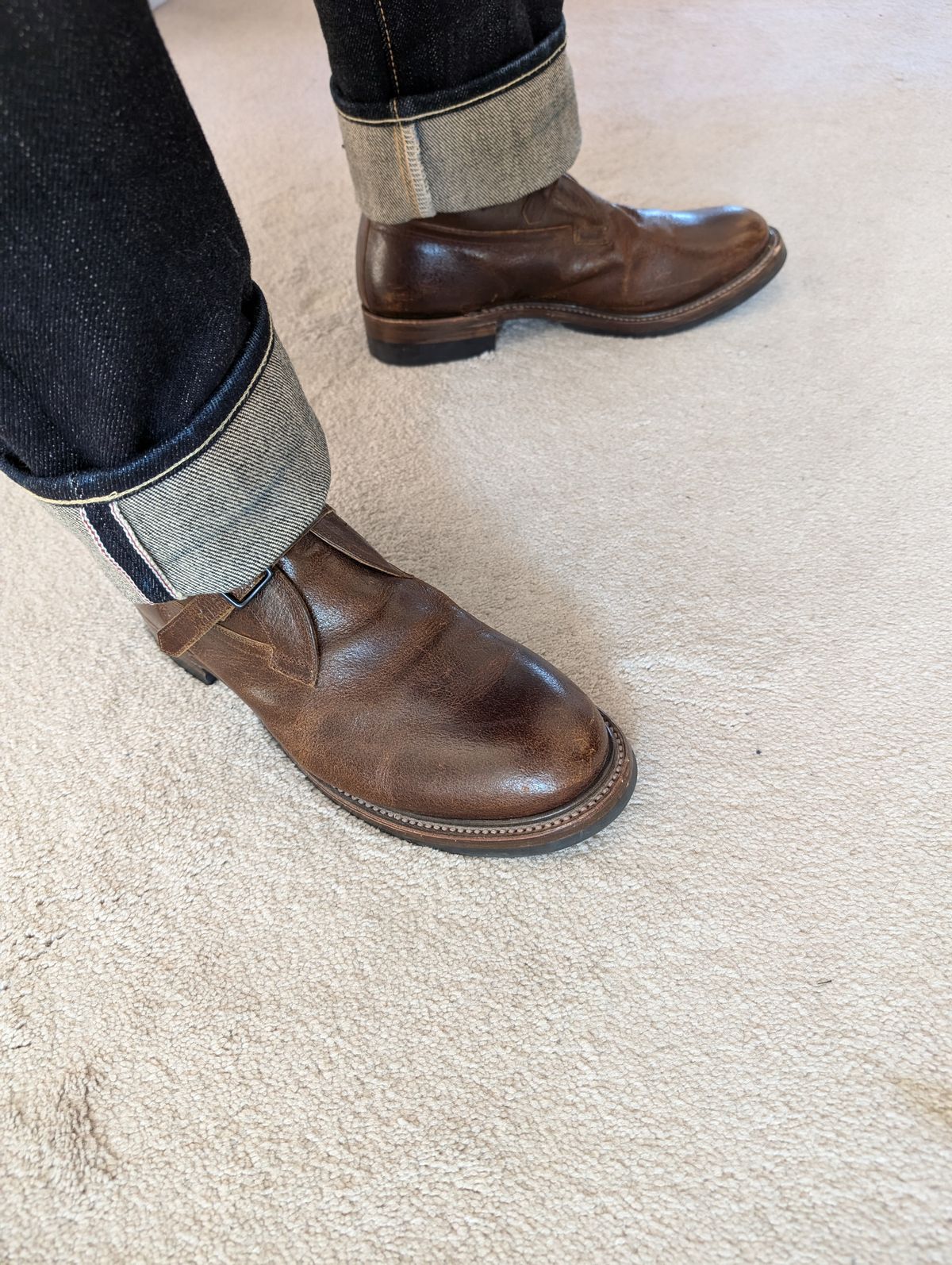 Photo by WeibullFighter on November 24, 2024 of the Eastman Leather Tanker Boots in Horween Havana Burnished Roughout.