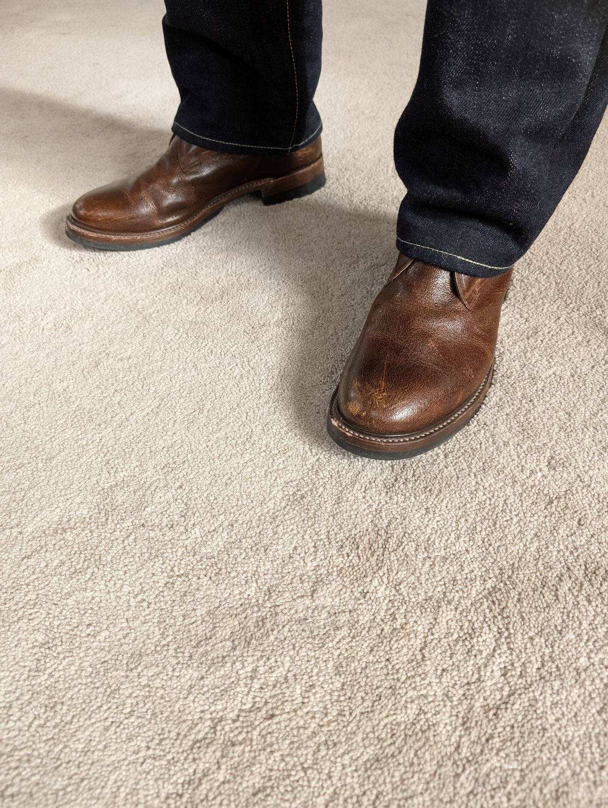 Photo by WeibullFighter on December 4, 2024 of the Eastman Leather Tanker Boots in Horween Havana Burnished Roughout.