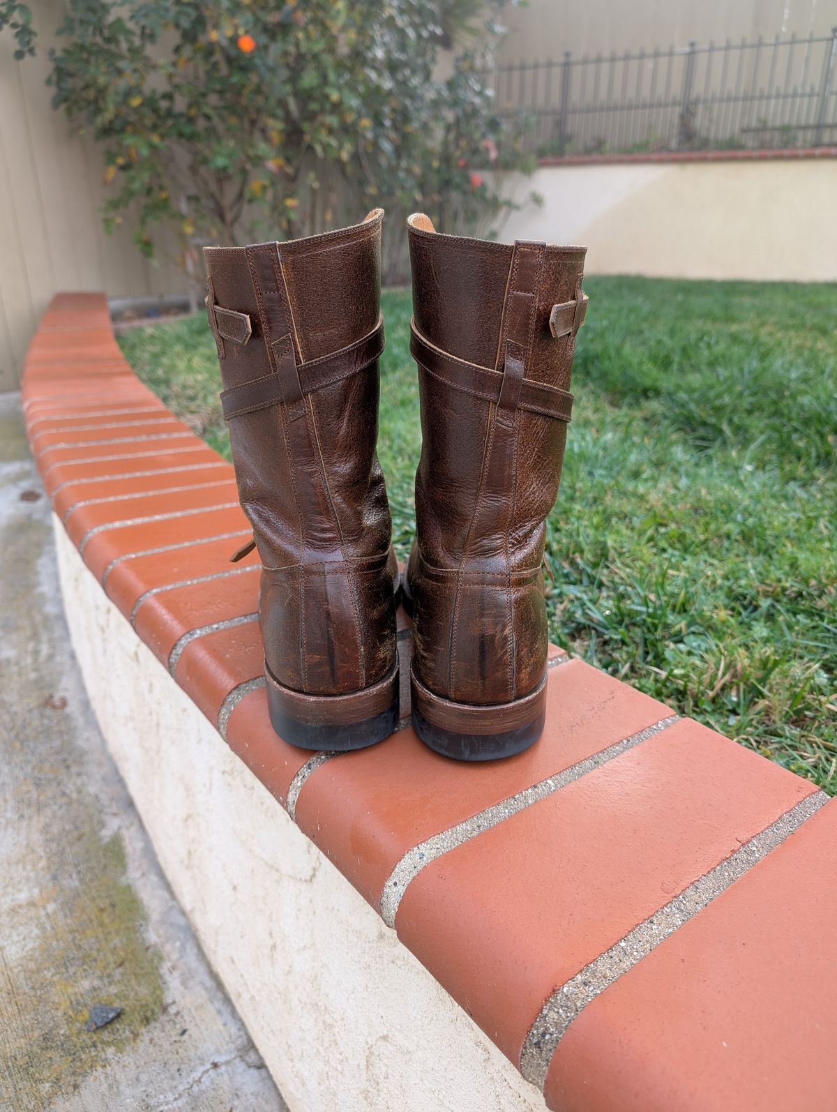 Photo by WeibullFighter on January 3, 2025 of the Eastman Leather Tanker Boots in Horween Havana Burnished Roughout.