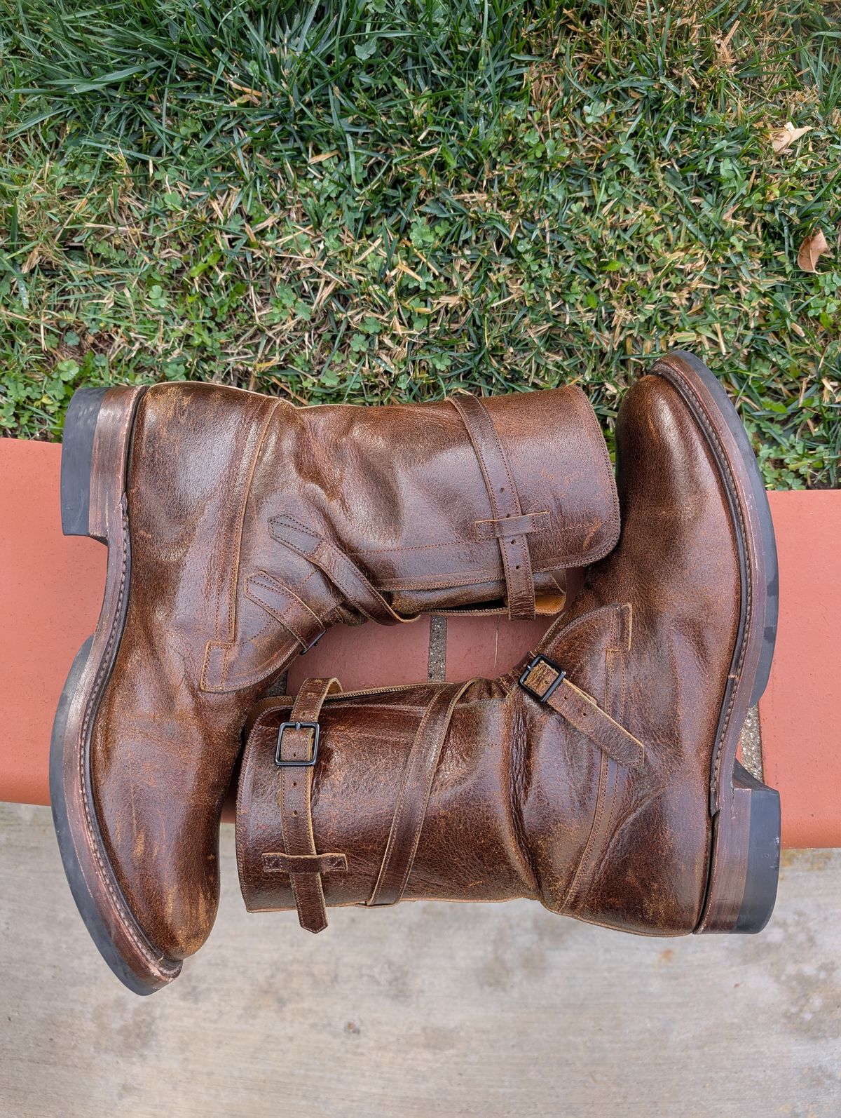 Photo by WeibullFighter on January 3, 2025 of the Eastman Leather Tanker Boots in Horween Havana Burnished Roughout.