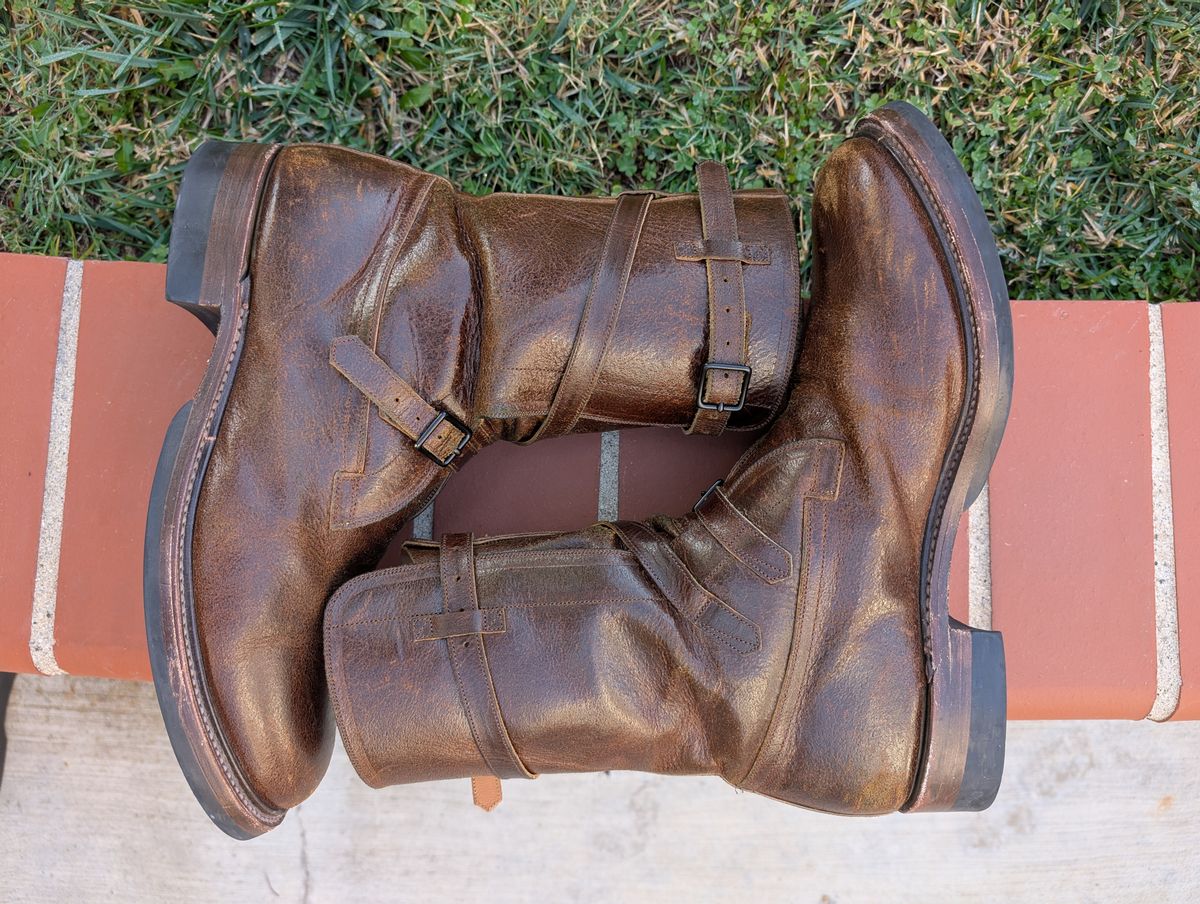 Photo by WeibullFighter on February 3, 2025 of the Eastman Leather Tanker Boots in Horween Havana Burnished Roughout.