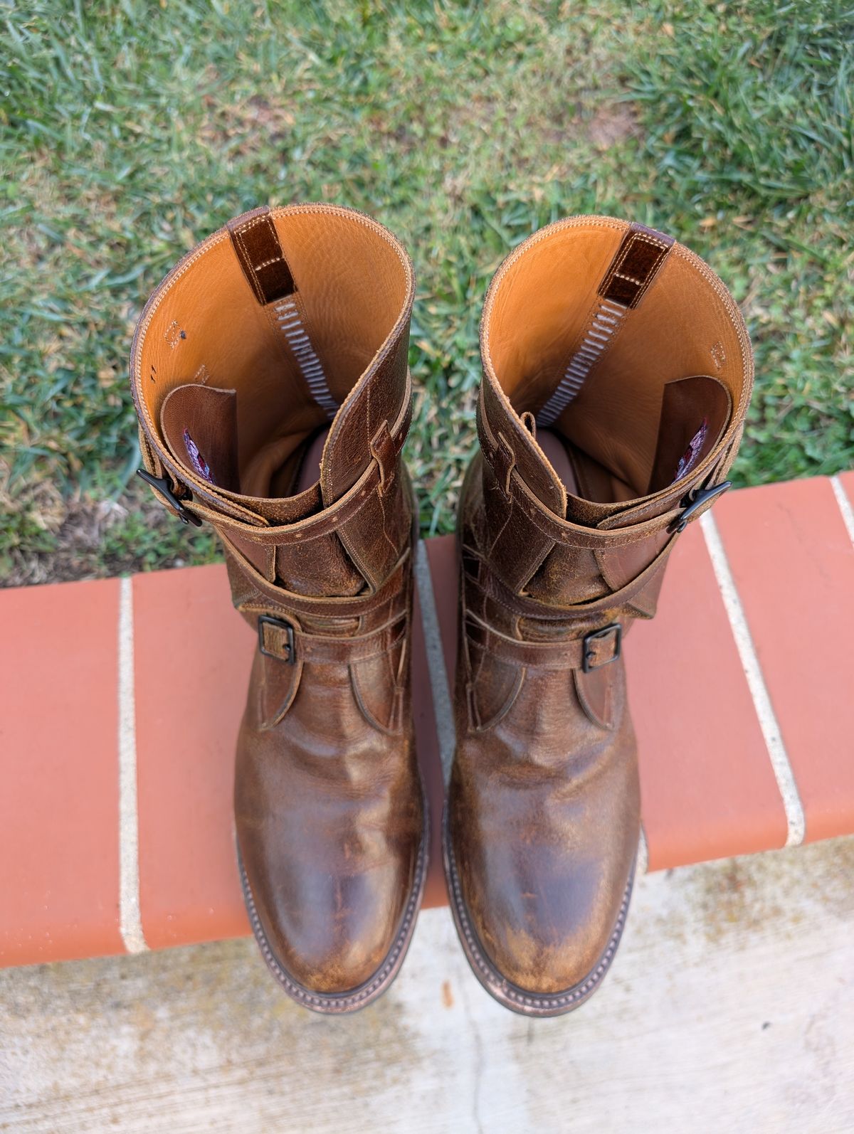 Photo by WeibullFighter on February 3, 2025 of the Eastman Leather Tanker Boots in Horween Havana Burnished Roughout.