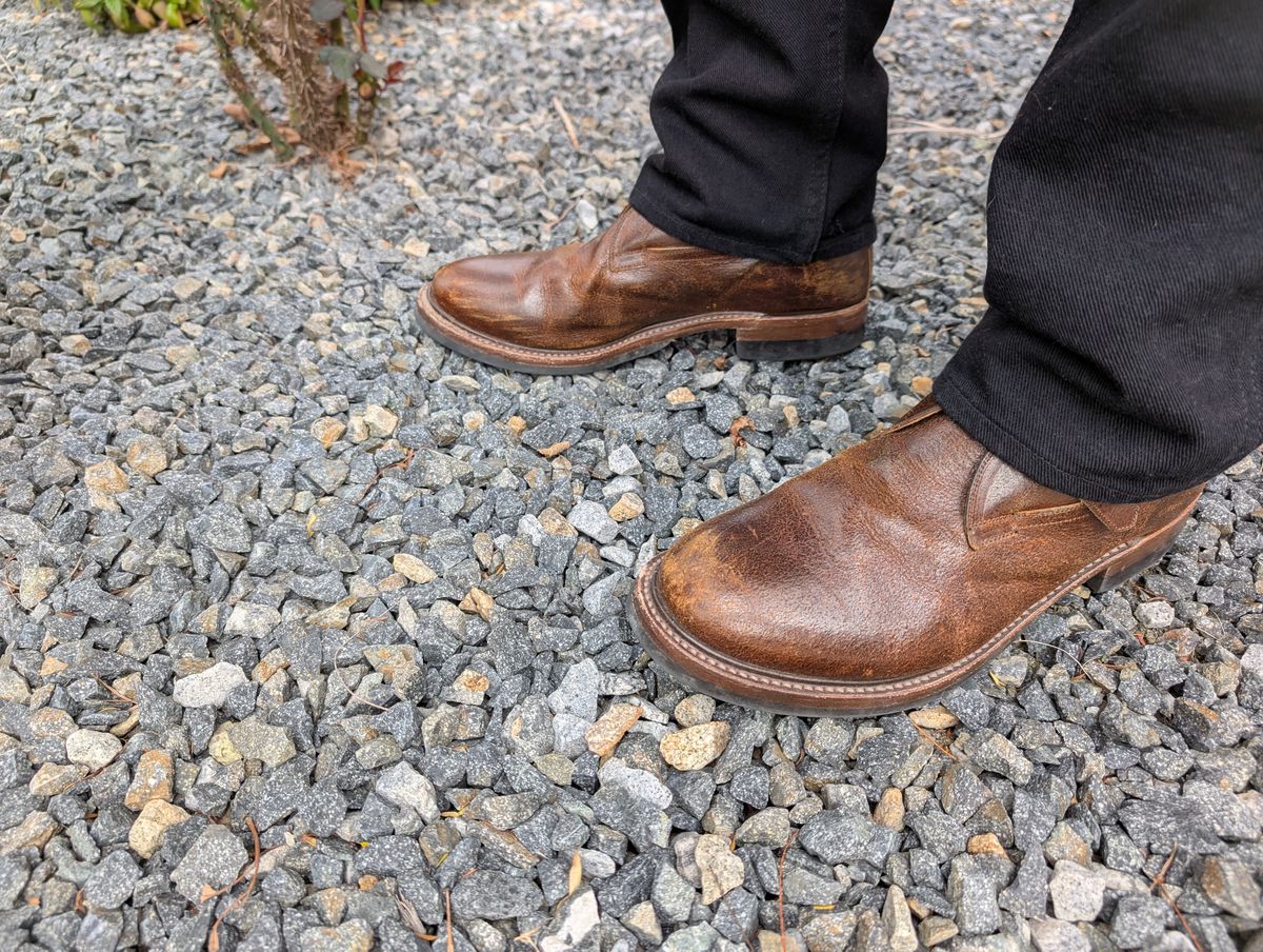 Photo by WeibullFighter on March 3, 2025 of the Eastman Leather Tanker Boots in Horween Havana Burnished Roughout.